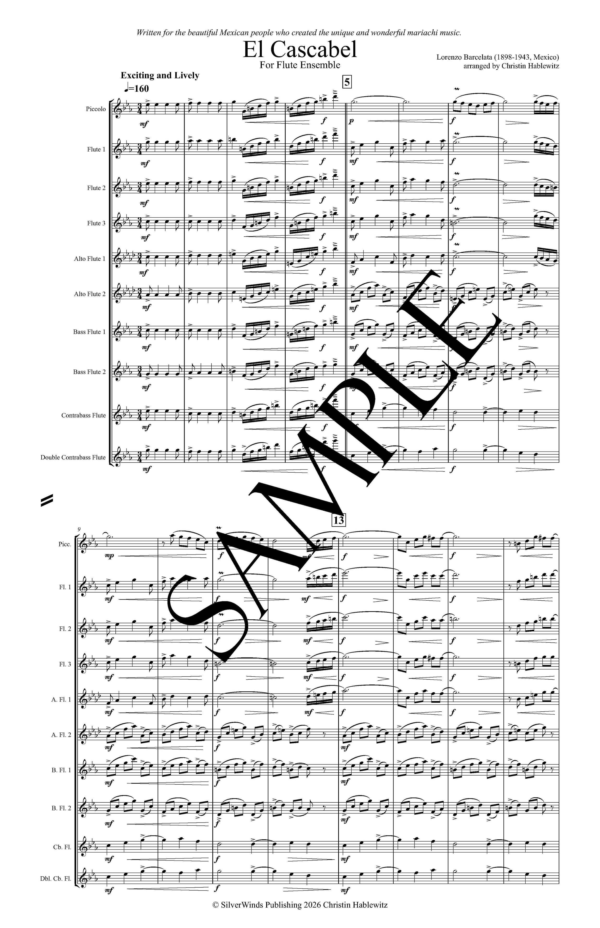 El Cascabel Score for flute ensemble sample