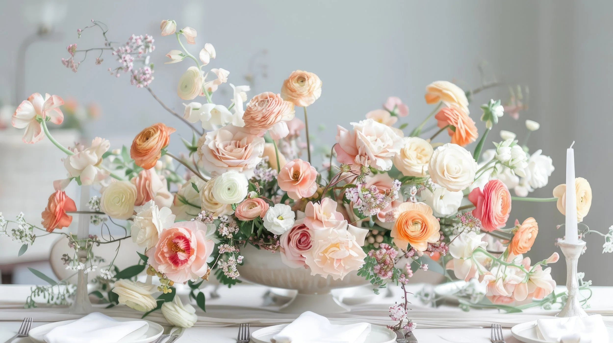 Soft peach and cream center piece floral arrangement
