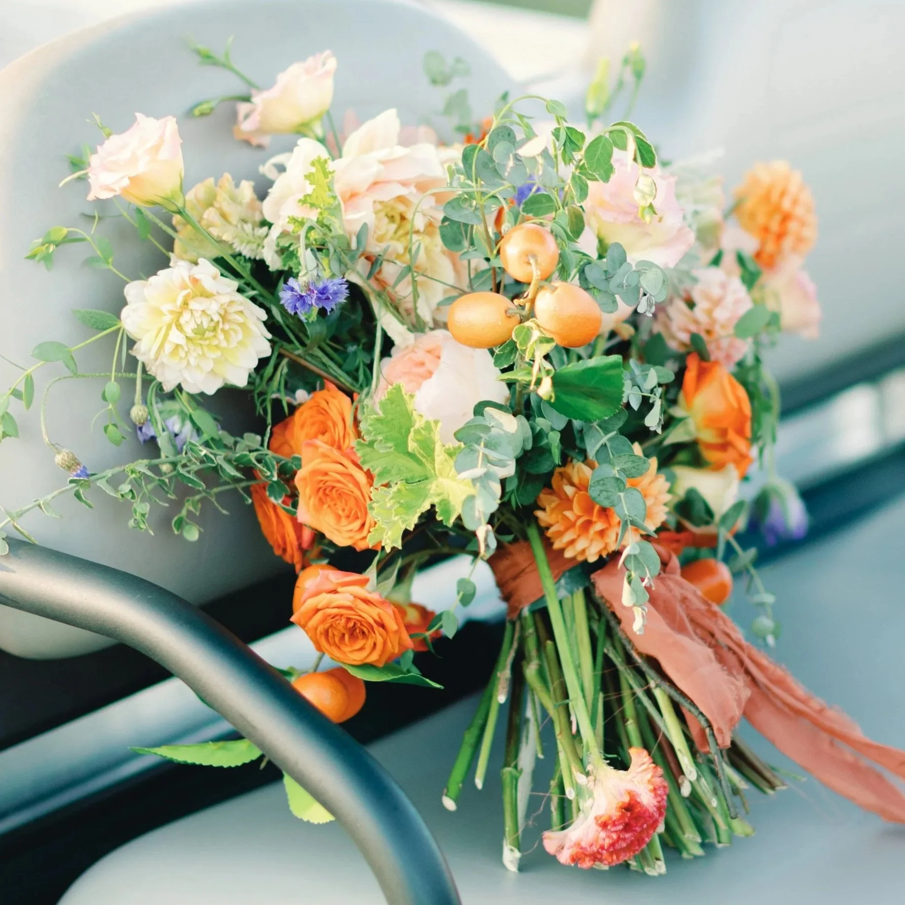 peach and blues bridal bouquet