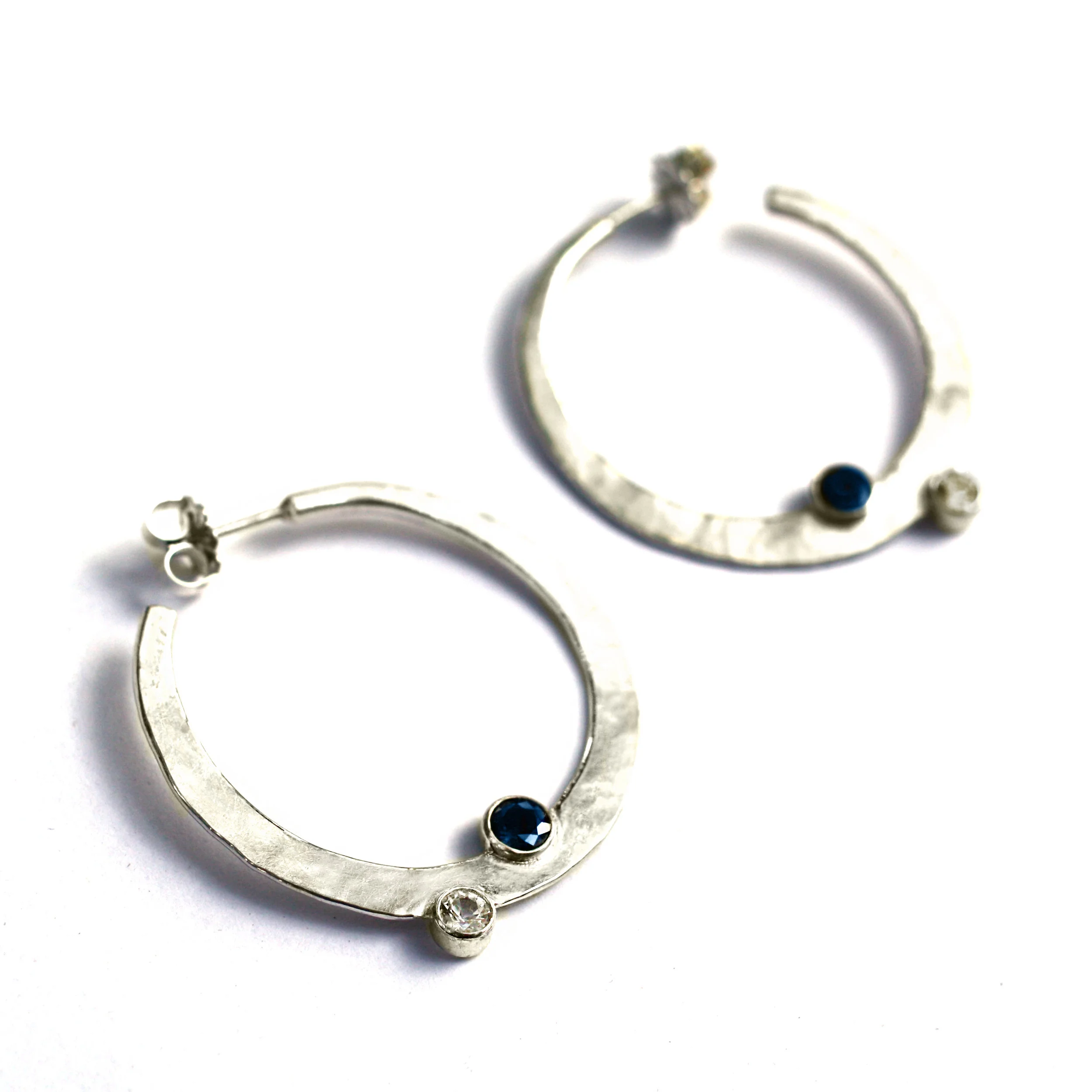 Custom Made Sterling Silver Hoop Earrings with Natural 5mm Blue Sapphire & 4mm White Sapphire