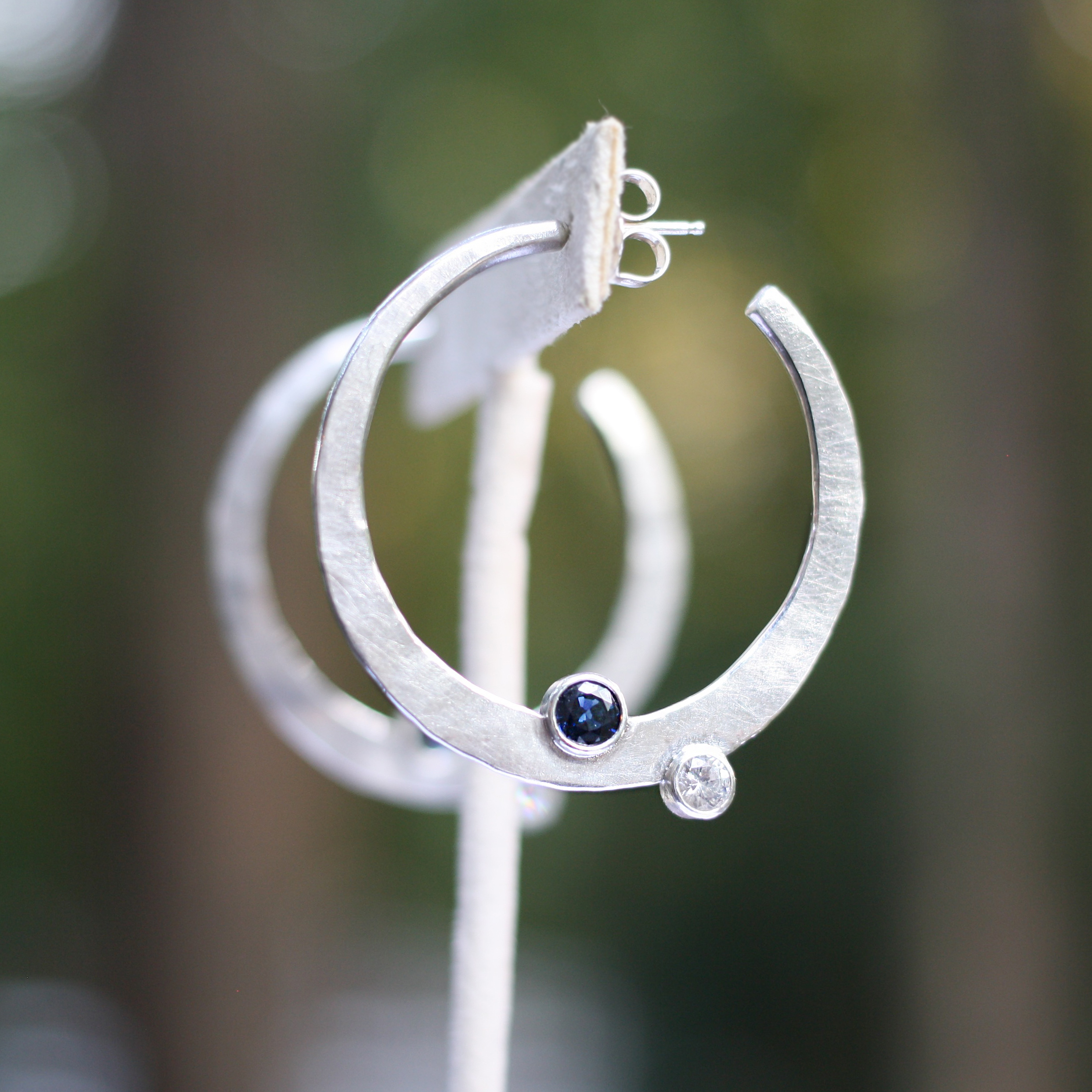 Custom Made Sterling Silver Hoop Earrings with Natural 5mm Blue Sapphire & 4mm White Sapphire