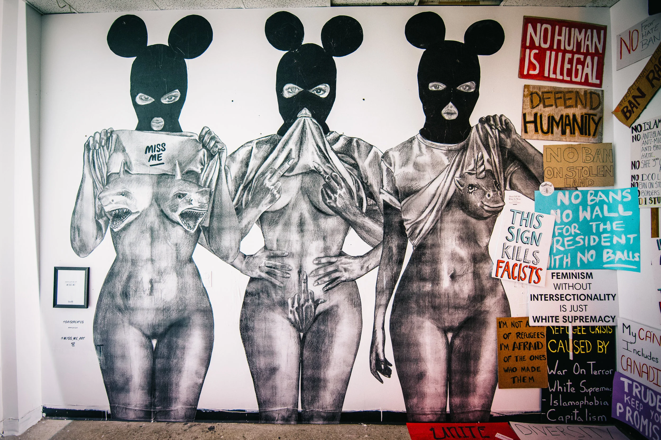 Perhaps the most powerful piece was the collective effort of DAIS called "ART1ST". It combined sculpture, painting, drawing, paste-ups, and found objects with music in a very special space. This mural is by MissMe.