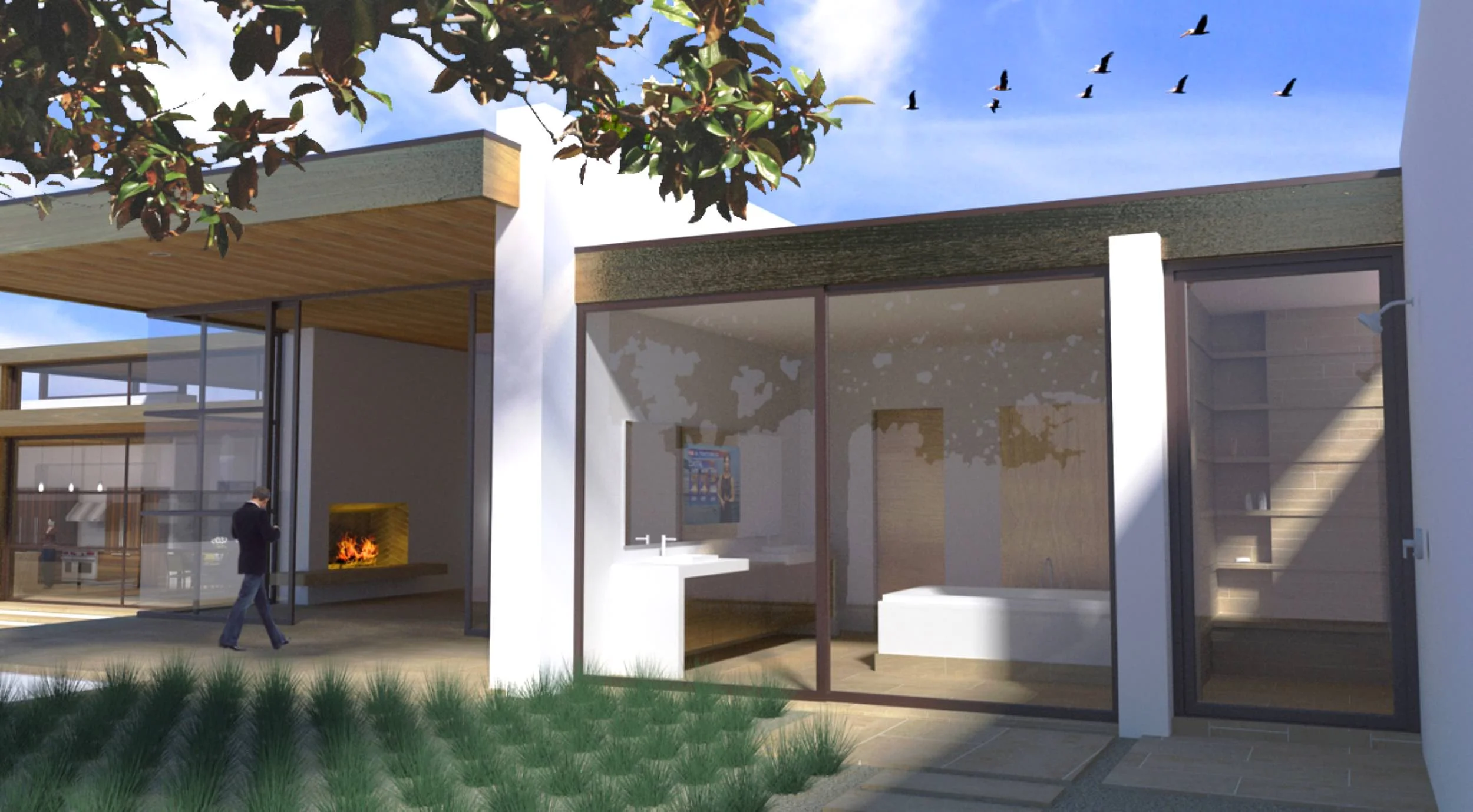  Exterior view showing bathroom and living area fireplace 
