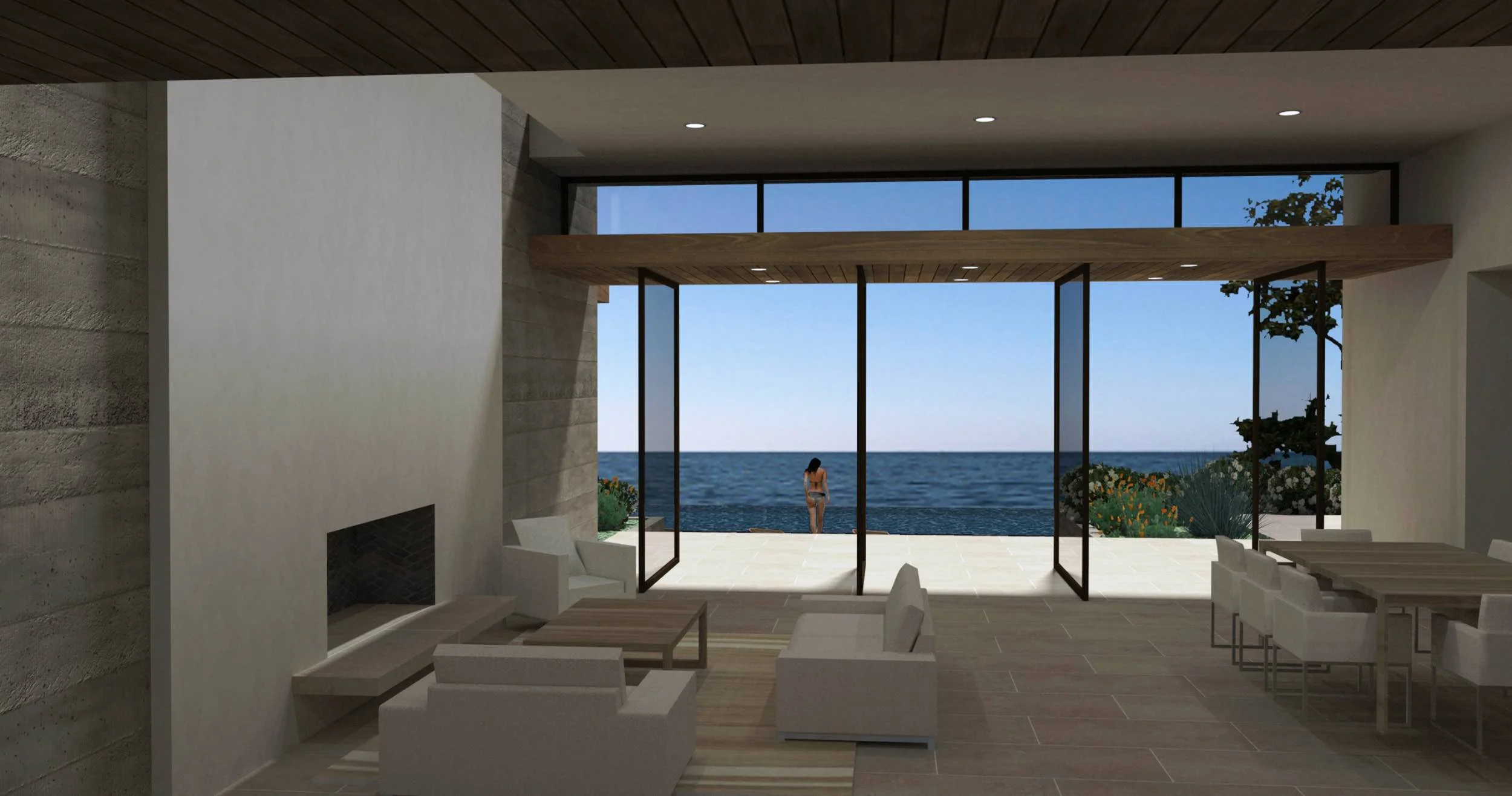  Living room with floor to ceiling open glass panel doors 