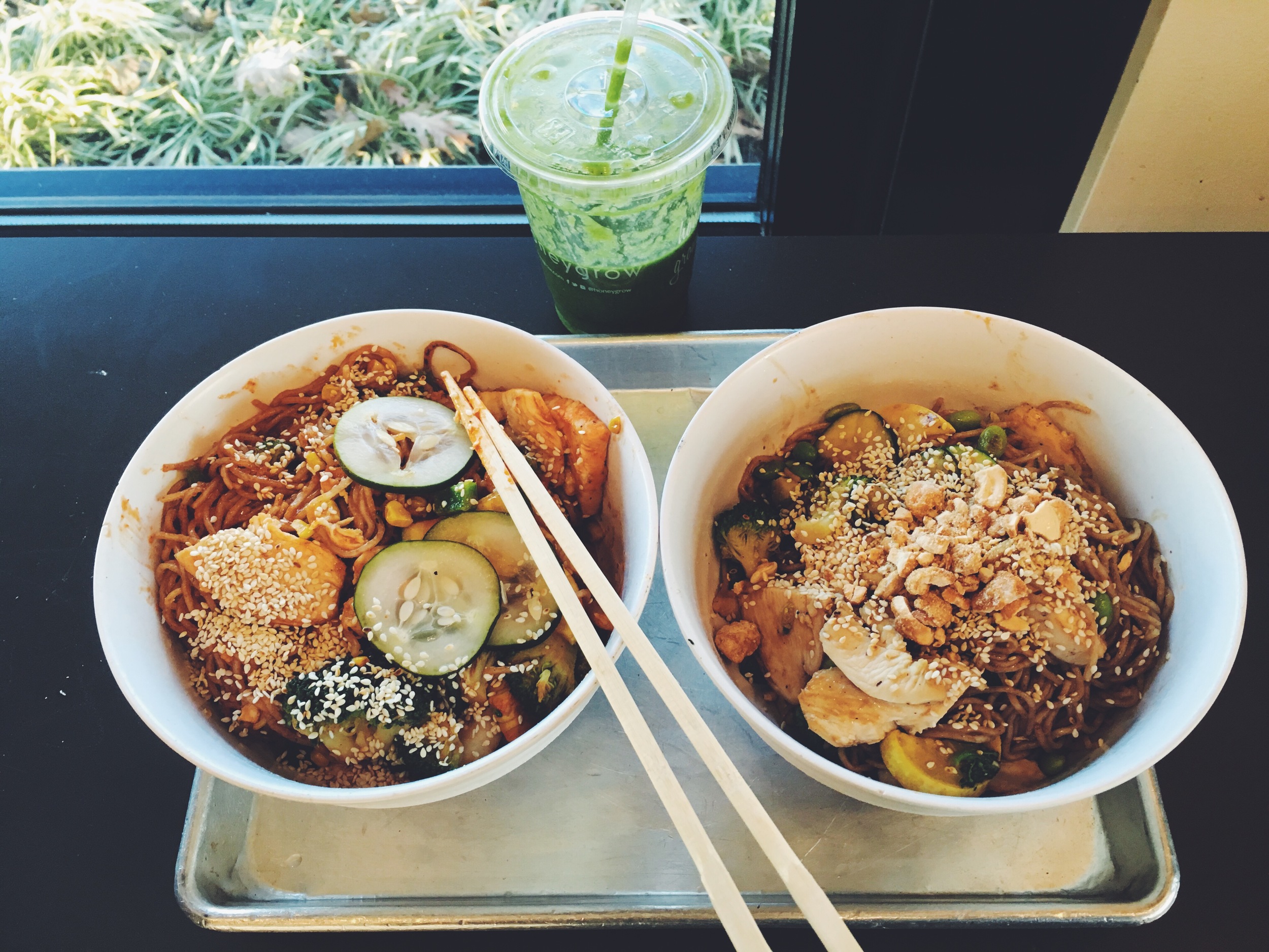 My obsession began the minute I tried this kaleatta green smoothie, and personal stir fry from Honeygrow. I have never been a huge chipotle or any other "better" fast food place fan. So when I heard about Honeygrow I thought it was just another one of these places. I was so wrong! I love everything from the ingredients to the people who service you. (at least at my local Honeygrow) The order system is so easy and allows you to pick exactly what you want, personal style or one they have created. My boyfriend Zach and I love to cook all sorts of different foods, but Honeygrow is easily our new favorite "fast" food lunch spot! 