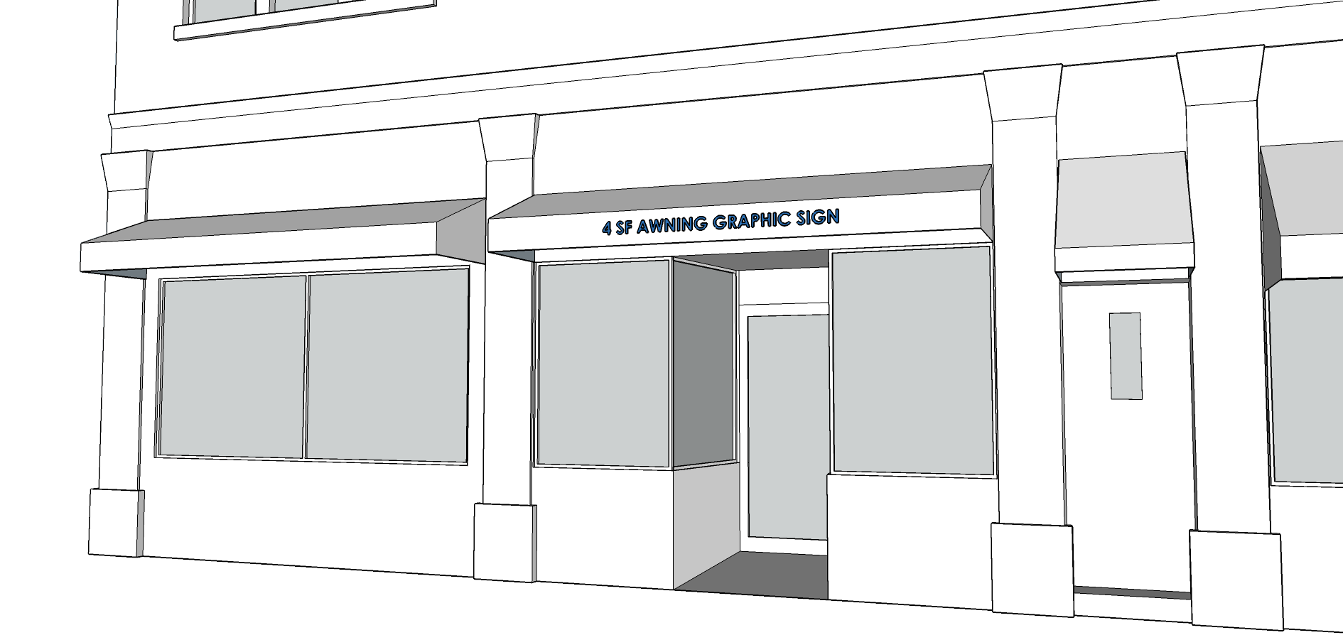 AWNING SIGN - Graphics not to exceed 4 SF. - Must be 8 feet above the sidewalk. - Awning cannot extend more than 4 feet. - Font cannot be taller than 4 inches. - Lettering, numbers, and graphics can only be on the valance. - Only one awning sign per business.