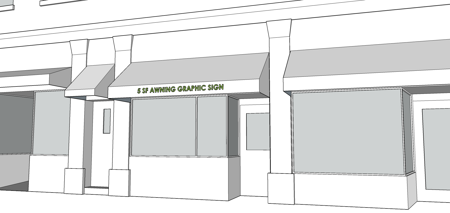 AWNING SIGN - Graphics not to exceed 5 SF. - Must be 8 feet above the sidewalk. - Awning cannot extend more than 4 feet. - Font cannot be taller than 4 inches. - Lettering, numbers, and graphics can only be on the valance. - Only one awning sign per business.