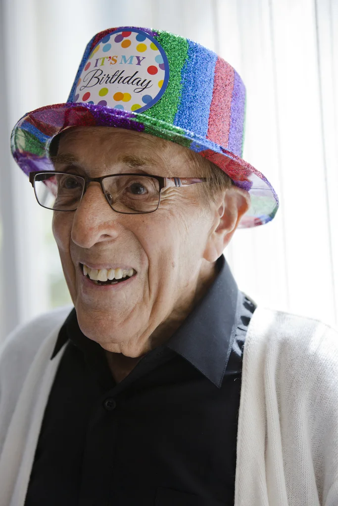  Frank Myers laughs during his 100th birthday celebration at The Carlisle Naples on June 22, 2016. 
