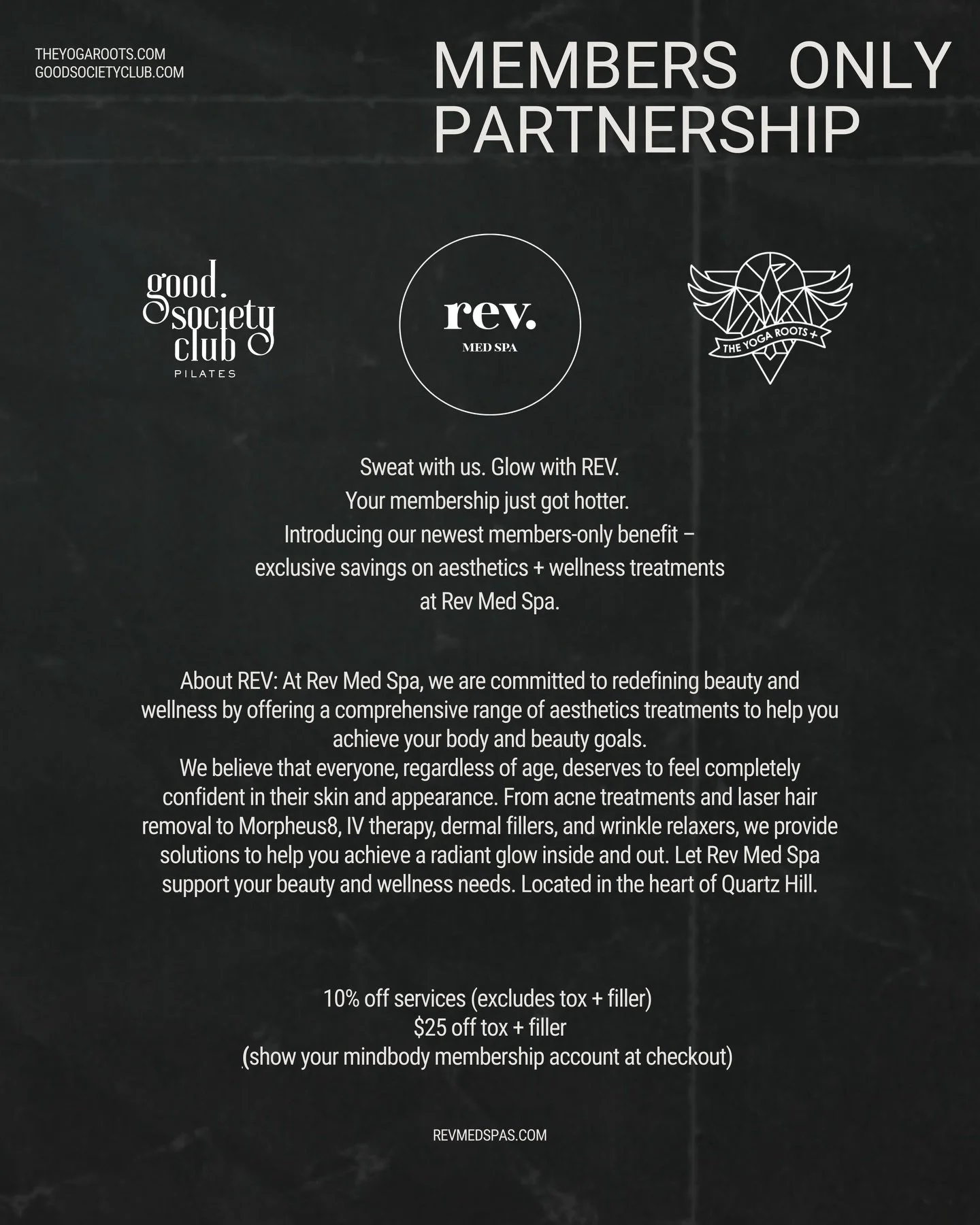 We are so excited about our new partnership with @rev.medspa 

Sweat with us. Glow with REV.
Your membership just got hotter. 🔥
Introducing our newest members-only benefit - exclusive savings on aesthetics + wellness treatments at Rev Med Spa.

Show