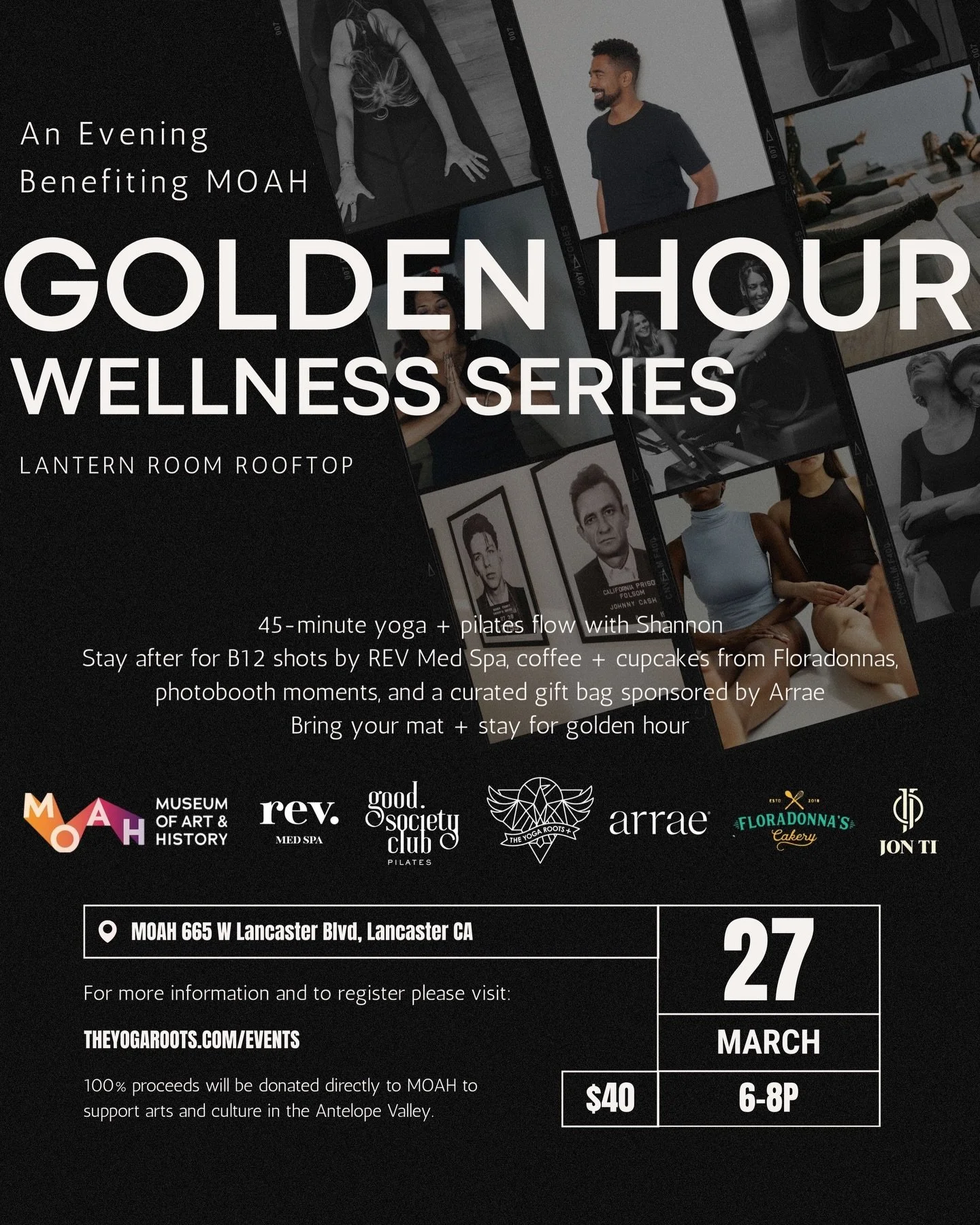 An Evening Benefiting MOAH ✨
GOLDEN HOUR WELLNESS SERIES
 
Join us for an evening of movement, wellness and community!
45-minute yoga + pilates flow with Shannon.
Stay after for B12 shots by REV Med Spa, coffee + cupcakes from Floradonnas, photobooth
