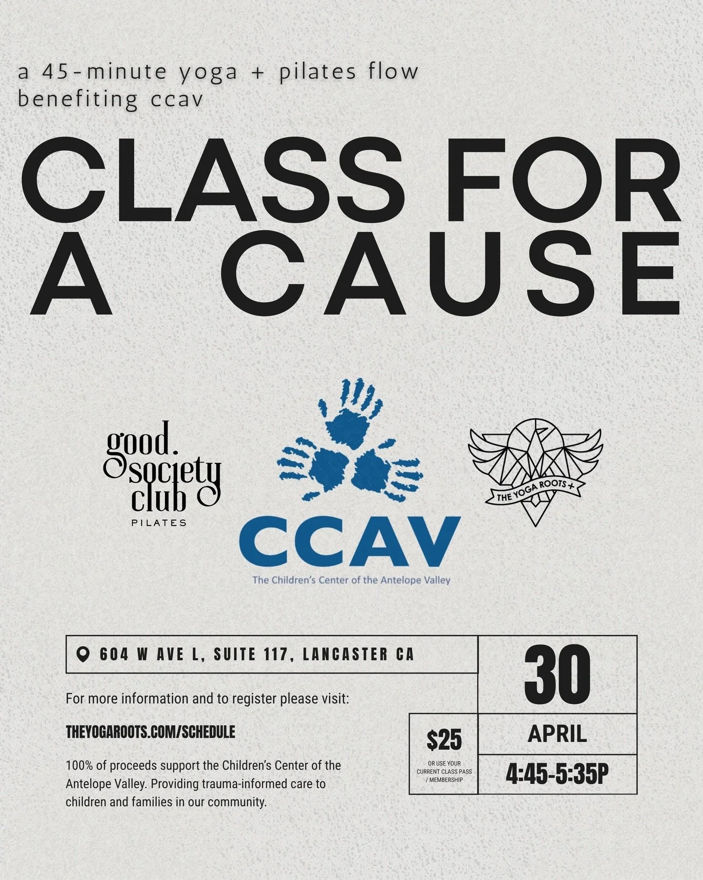 this one matters 💙

we&rsquo;re coming together for a class for a cause -
supporting the children&rsquo;s center of the antelope valley.

45 minutes of movement that goes beyond the mat.

100% of proceeds will directly support children and families 