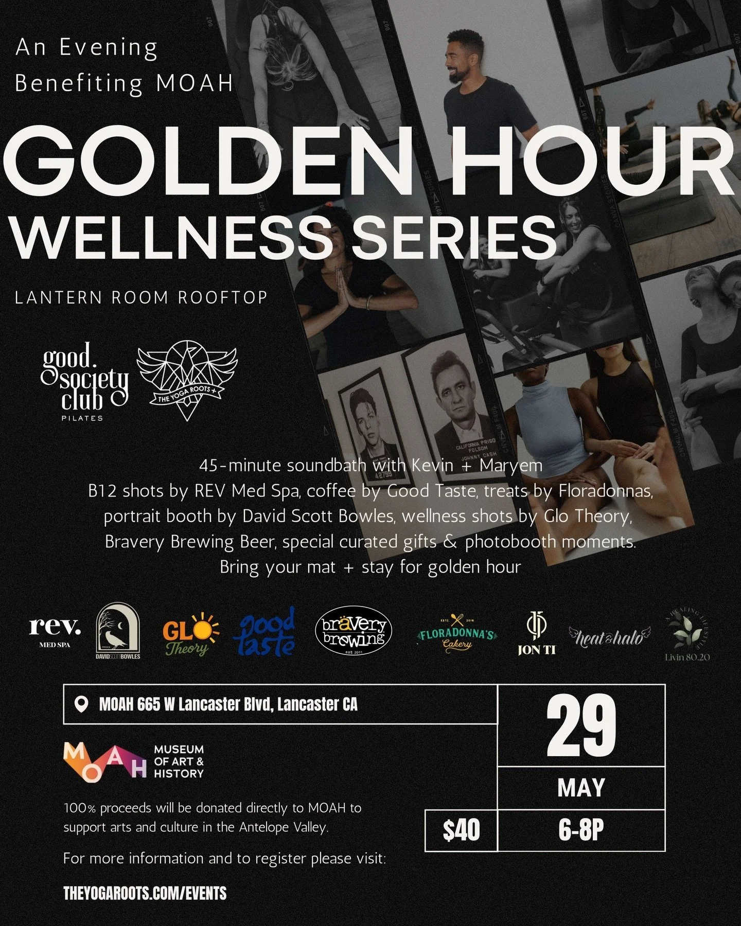 An Evening Benefiting MOAH
GOLDEN HOUR WELLNESS SERIES ✨
 
Join us for an evening of movement, wellness and community!
45-minute soundbath with Kevin + Maryem
B12 shots by REV Med Spa, coffee by Good Taste, treats by Floradonnas, portrait booth by Da