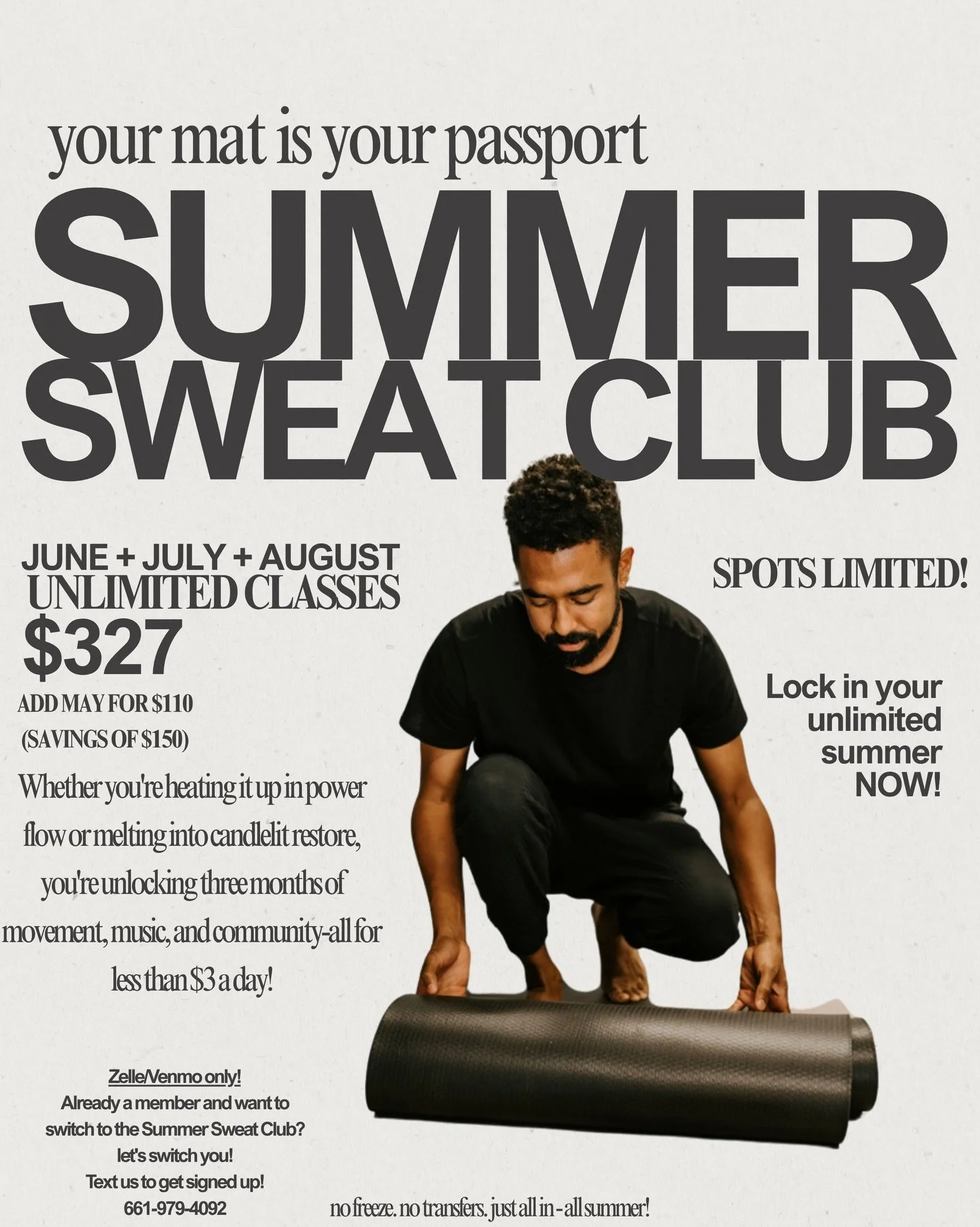 SUMMER SWEAT CLUB is back!!! ☀️ 
where your mat is your passport.

Whether you&rsquo;re heating it up in power flow or melting into candlelit restore, you&rsquo;re unlocking three months of movement, music, and community-all for less than $3 a day!
U
