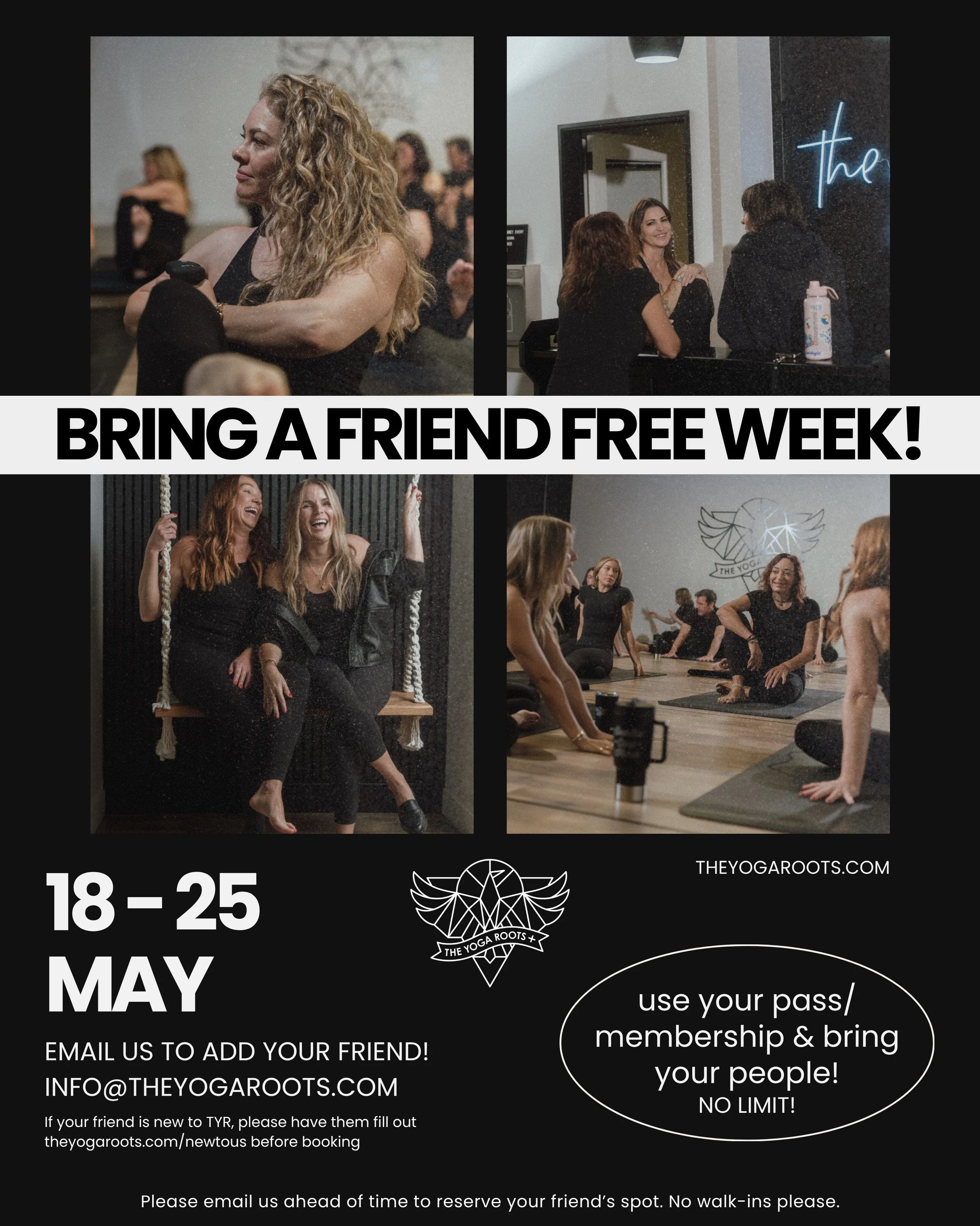 BRING A FRIEND FREE WEEK ✨

a little client appreciation week because we love this community so much 🖤

from may 18&ndash;25 use your membership, class pack, or drop-in + bring your people with you for free. no limit!

come show your favorite people