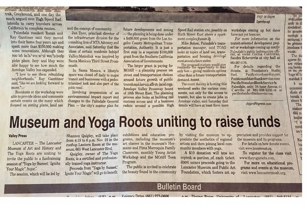 In 2014, The Yoga Roots and MOAH were featured in the newspaper for partnering together to raise funds for the museum. More than a decade later, we&rsquo;re still proudly supporting an organization that brings art, culture, education, and community t