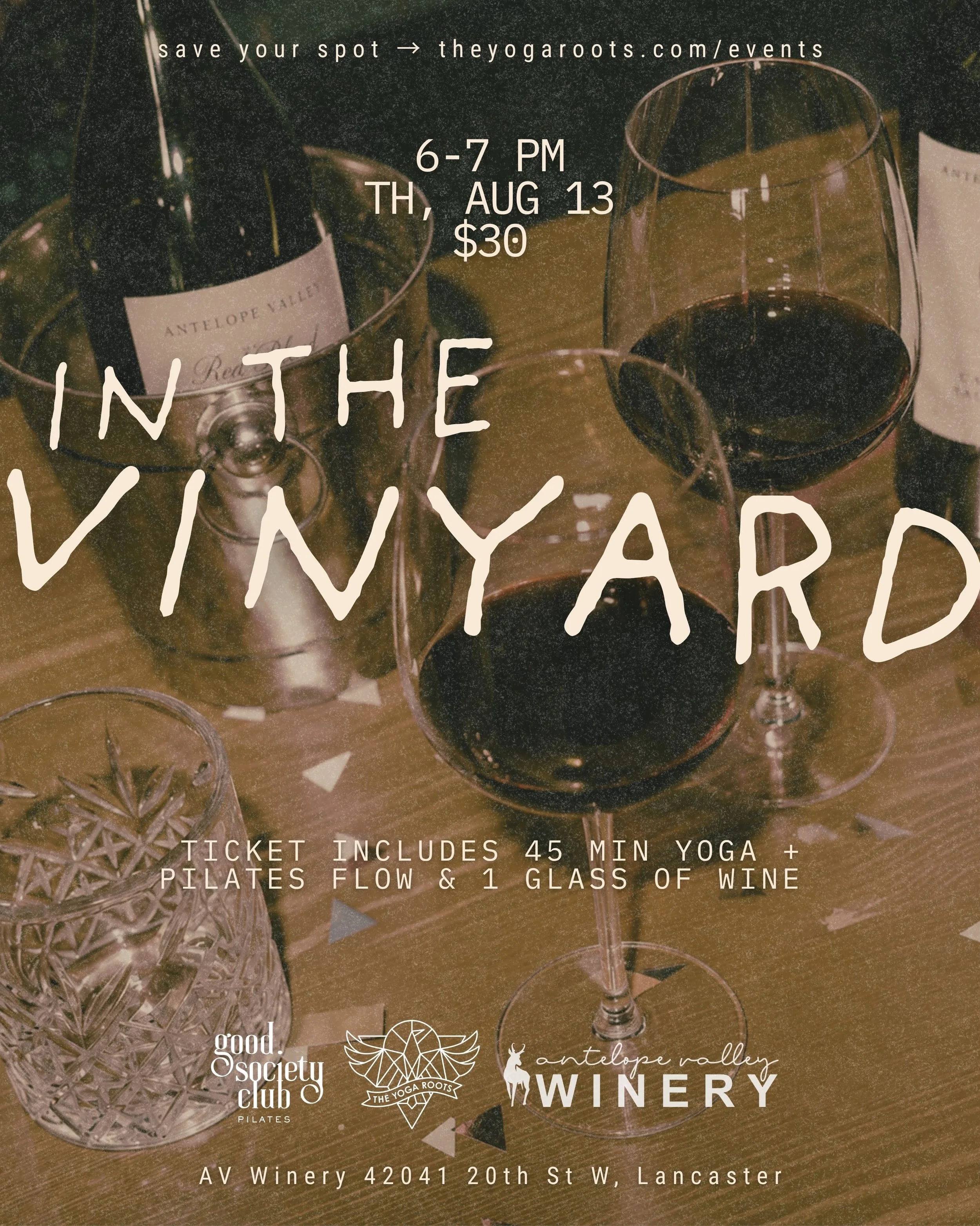 IN THE VINEYARD. 🍷

45 minutes of movement.
A glass of wine.
Golden hour.
Good people.

Join us for an evening of yoga + Pilates at Antelope Valley Winery, then stay awhile as the sun sets over the vines.

$30 includes your class + one glass of wine