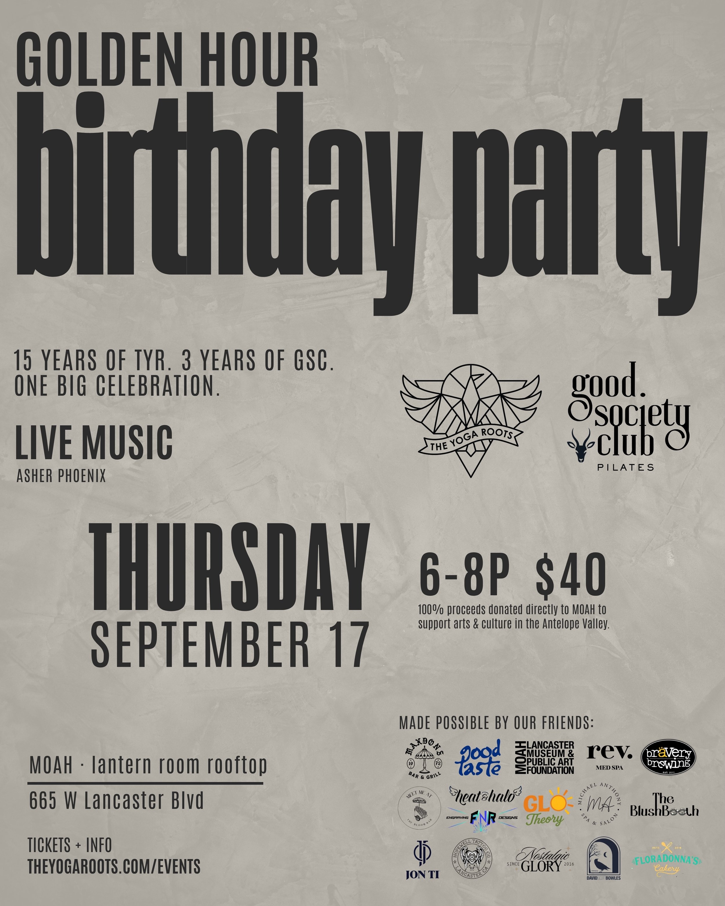 WE&rsquo;RE HAVING A BIRTHDAY PARTY. 🖤

15 years of The Yoga Roots. 3 years of Good Society Club. And somehow, that feels like a pretty good reason to throw one big party!

We&rsquo;re taking over the MOAH Lantern Room rooftop for the night- with li