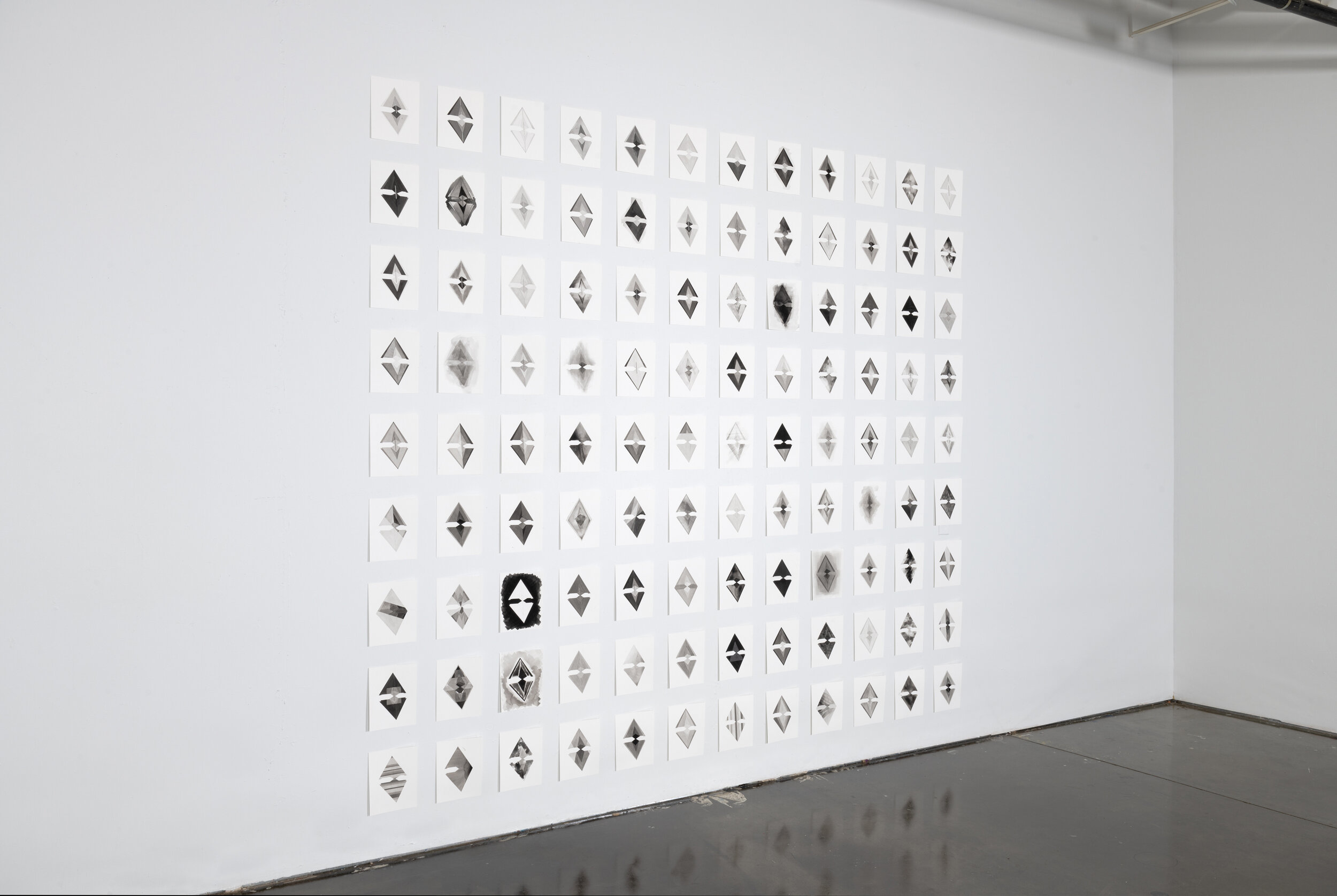 A Quiet Index (install view at TuckUnder Pavilion, Minneapolis) 2020 Gouache and graphite on paper 9 x 7 in. each (108 paintings total) Photo credit: Rik Sferra
