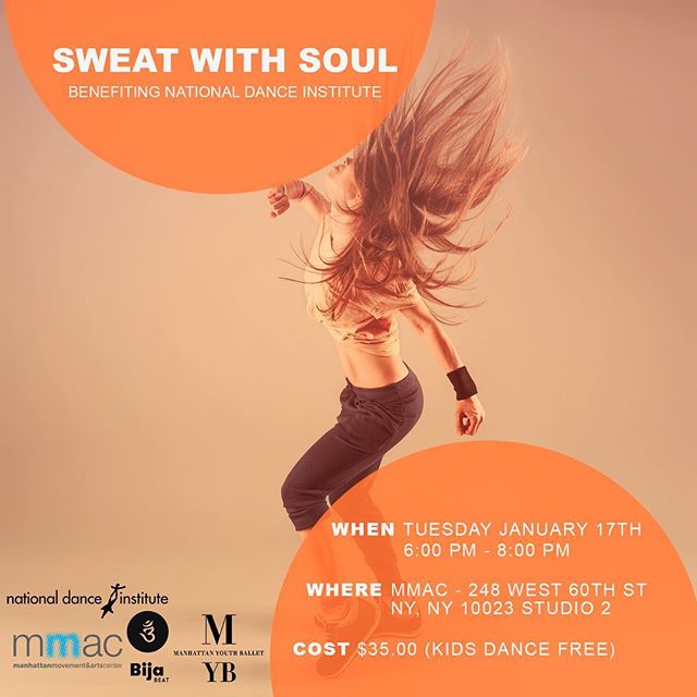 Ready to Sweat With Soul? Come dance with @BijaBeat and  @myballet1 on Tuesday, January 17th for a great cause - funding the amazing work of @nationaldance. You're going to love what we have in store for you! What's that? We'll give you a hint: it's 
