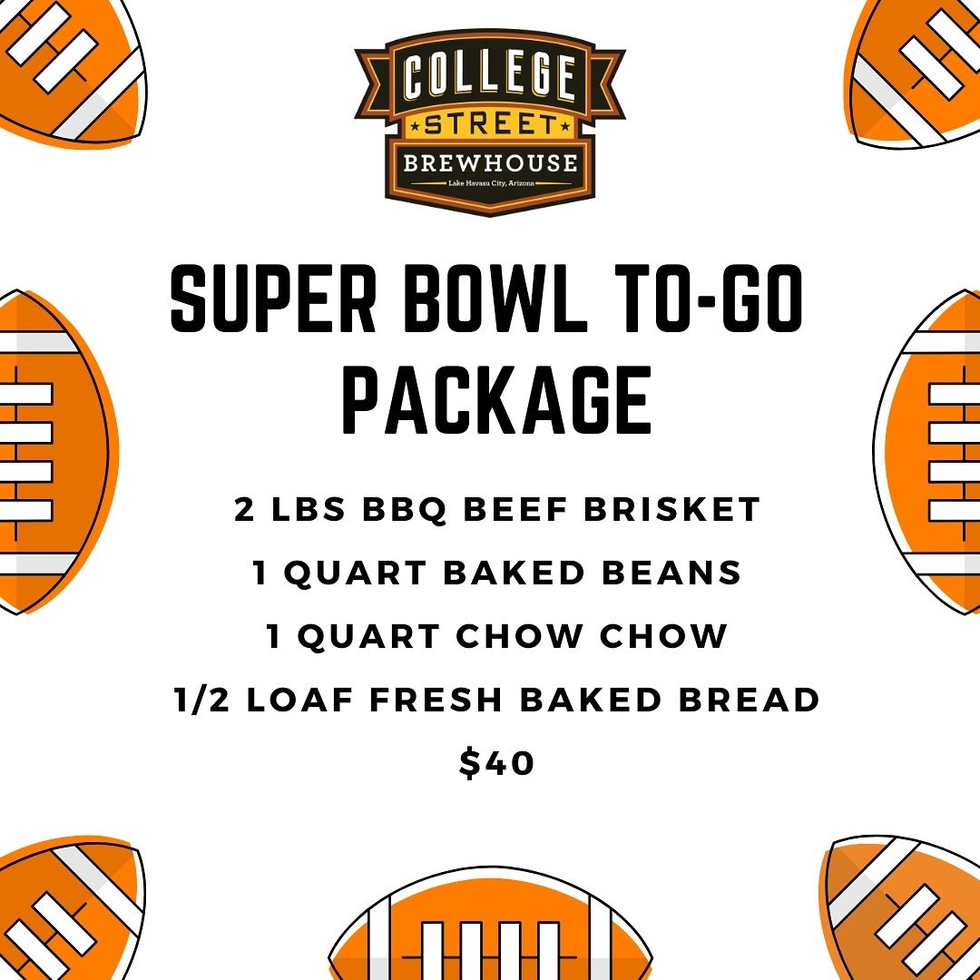 One week until the big game 🏈 Let us take care of the food for you!

Our Super Bowl Sunday hours are 11am-4pm.
To-Go packages will be available for pickup starting at 11am.
Happy Hour all day 🍻