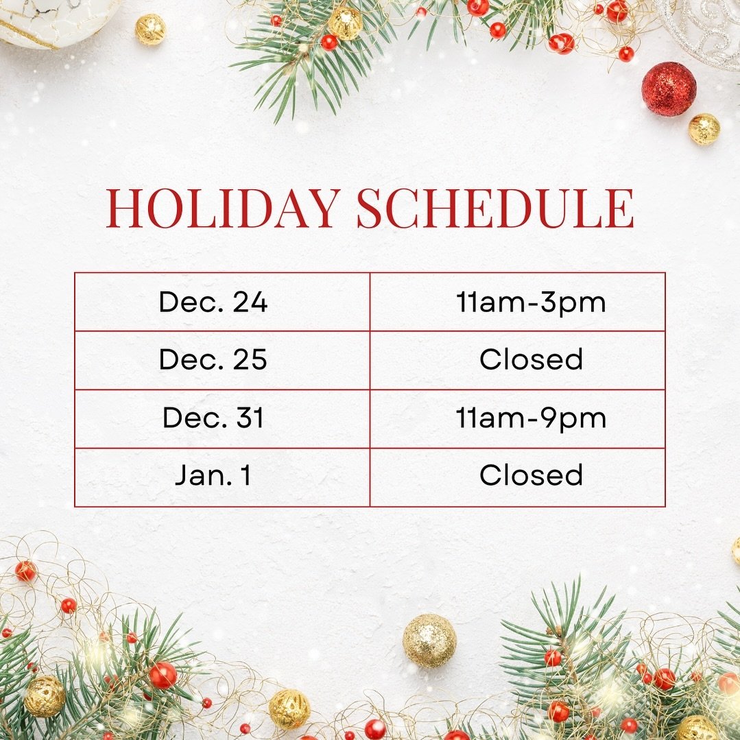 Wishing everyone a Merry Christmas and Happy Holidays!

Here is a list of our hours for the rest of the year! We will be closing early today and will reopen for normal hours on December 26th 🎄🍻