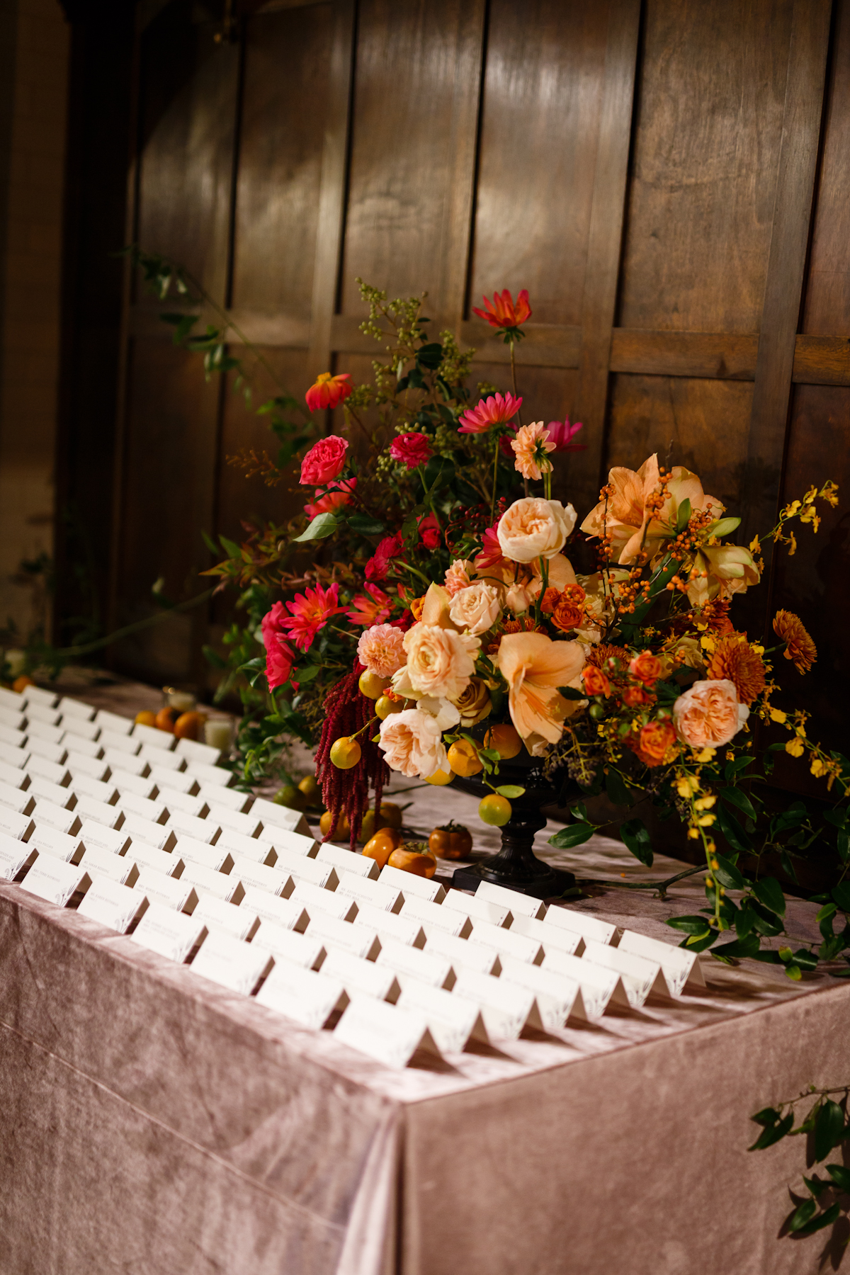 Weylin Wedding: Escort Card Table with pink velvet linen