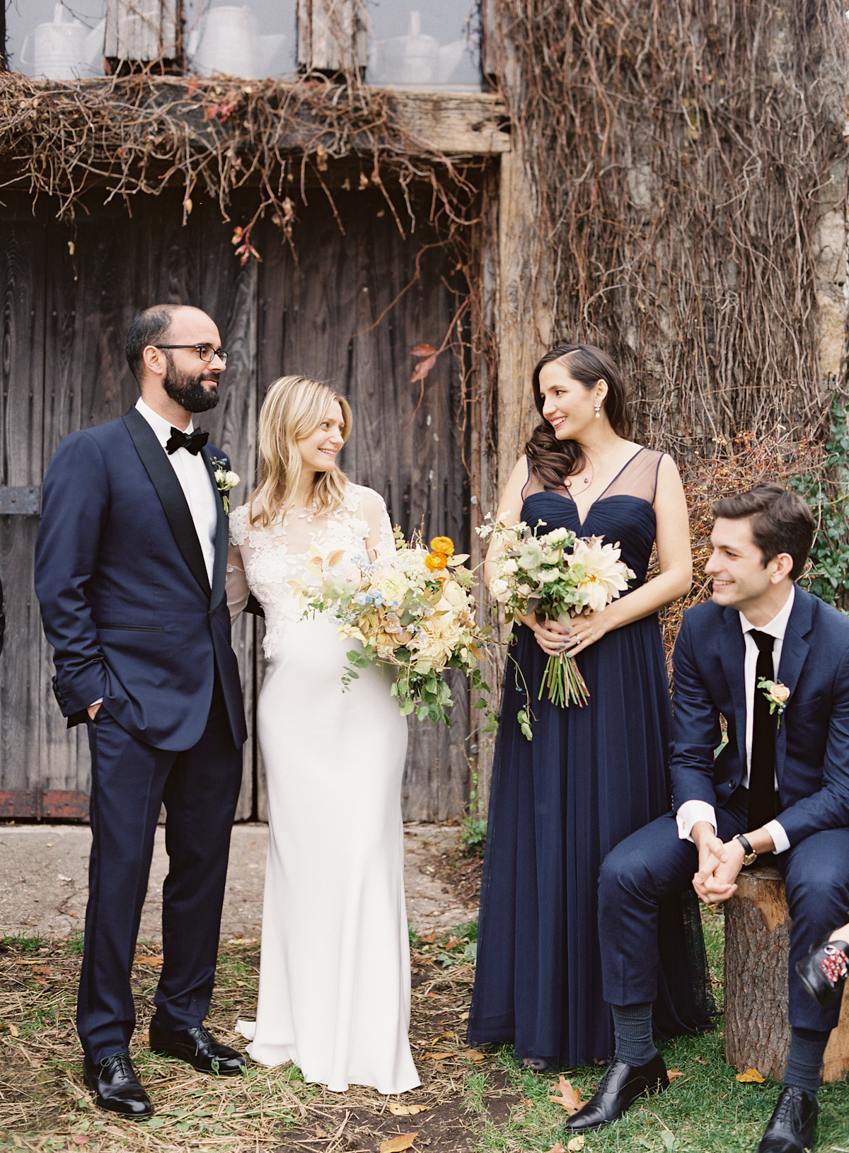 Blue Hill at Stone Barns wedding, event planner Ang Weddings and Events, photography Judy Pak, navy bridesmaid dresses Amsale, navy tuxedo