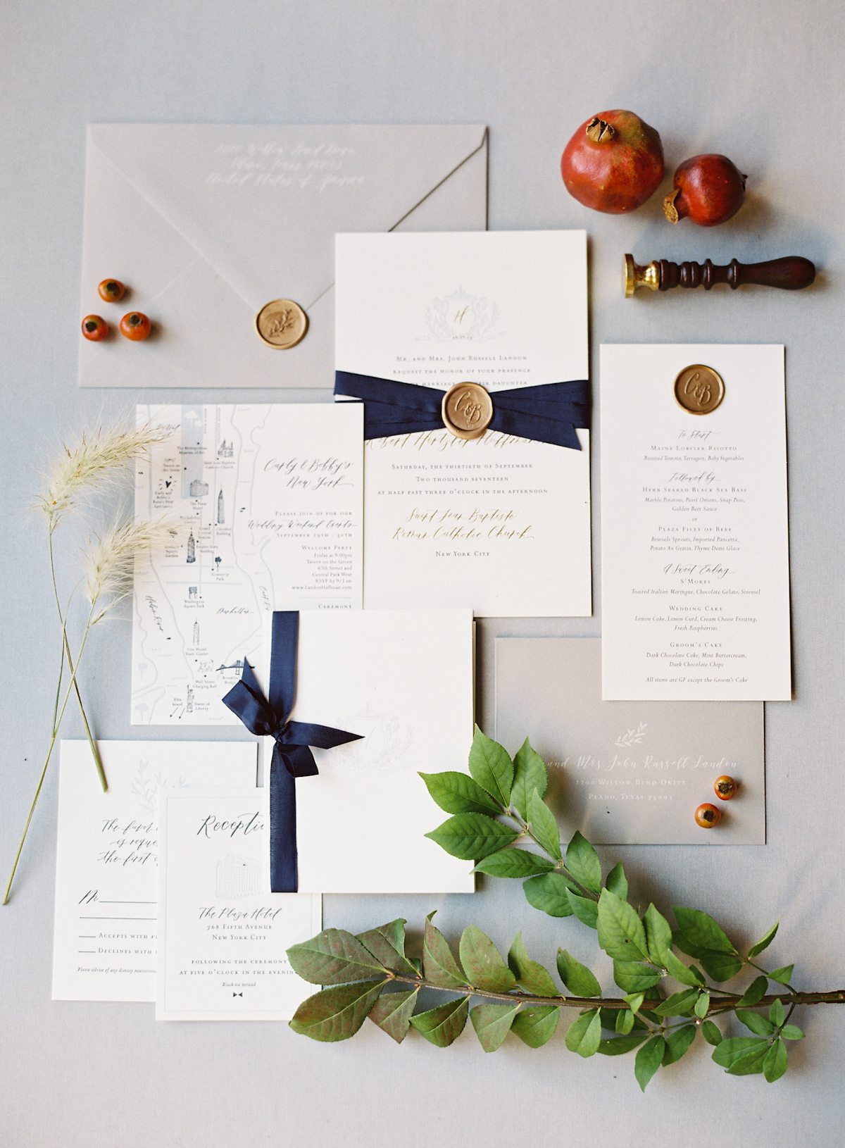 Plaza wedding invitation suite with wax seals and hand calligraphy