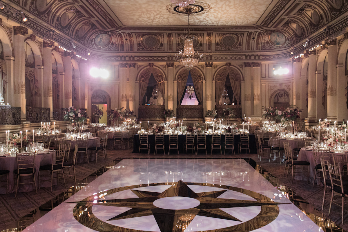 Plaza wedding ballroom with white and gold dance floor