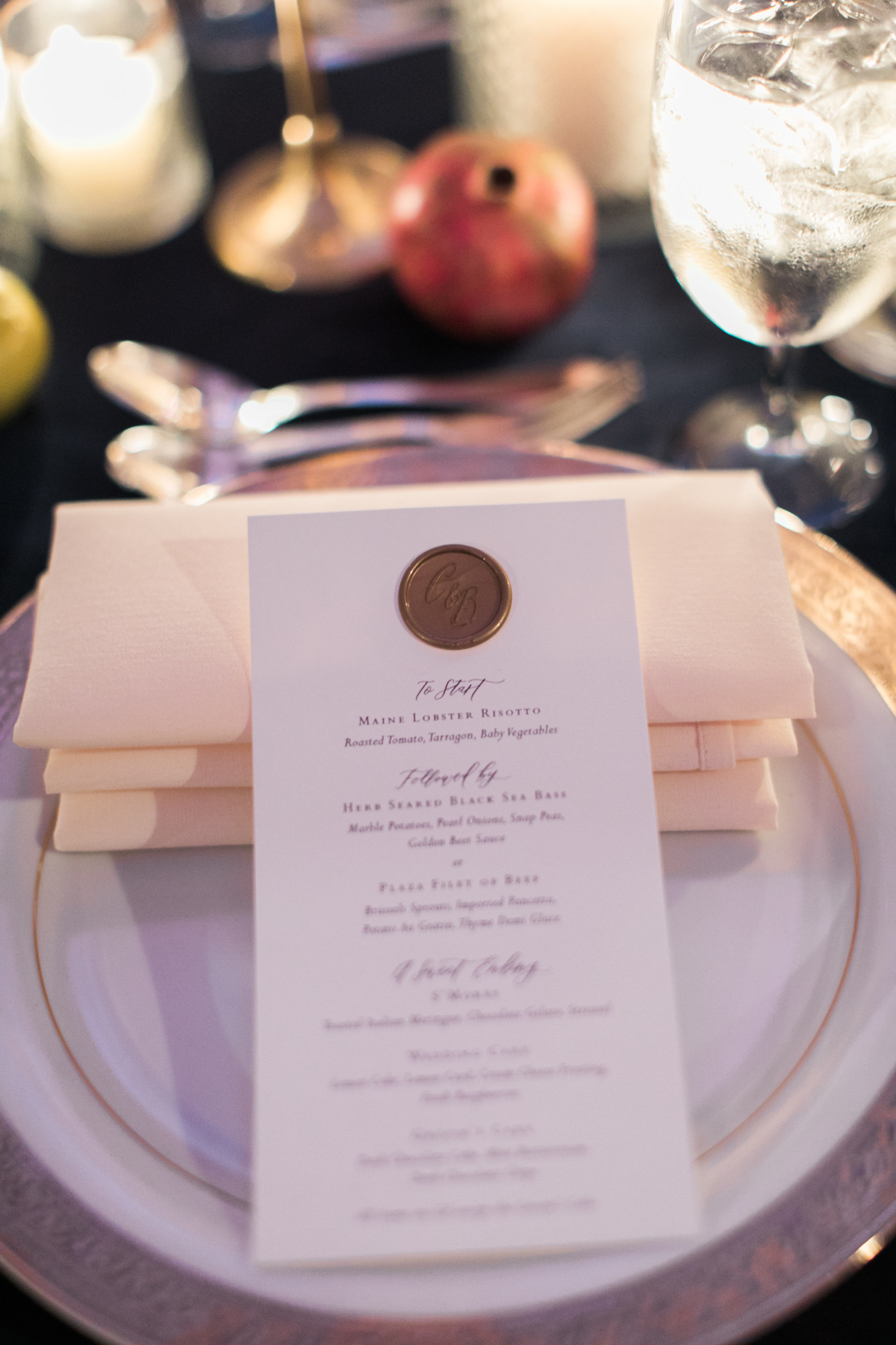 Plaza wedding menu with gold wax seal 