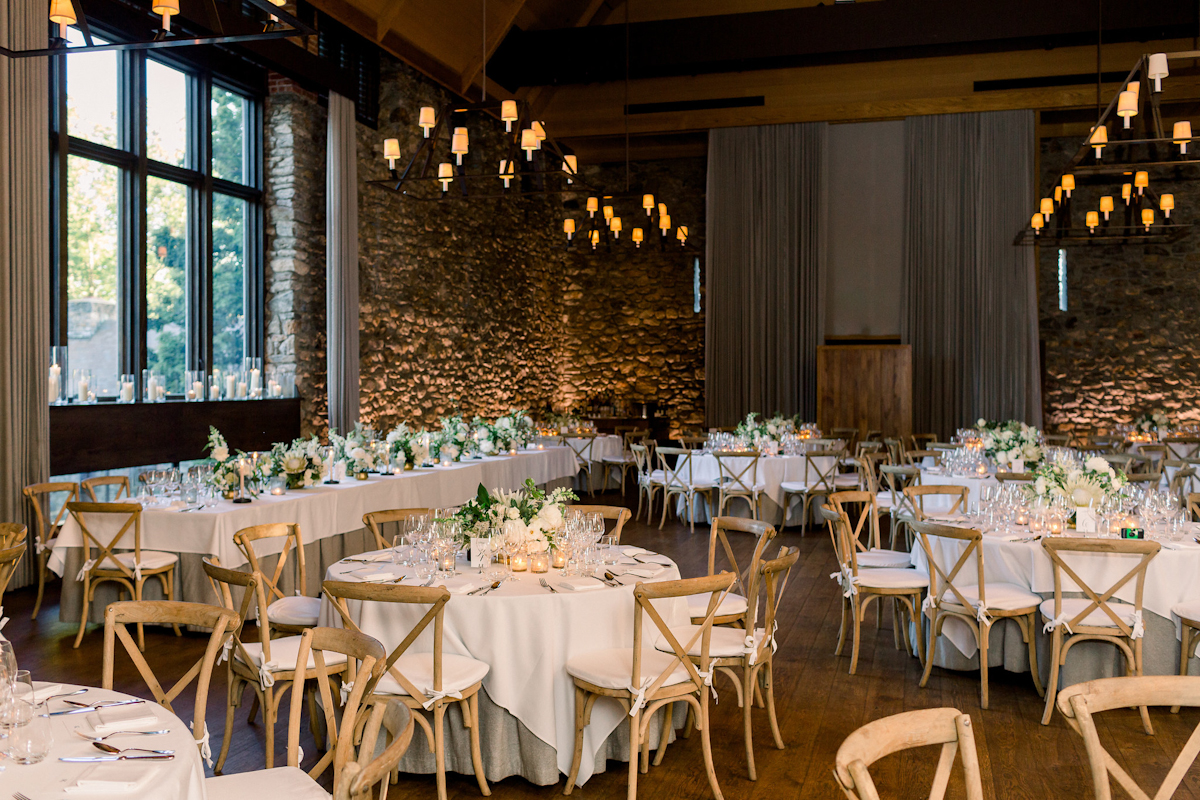 Blue Hill at Stone Barns wedding tablescape with white and green flowers