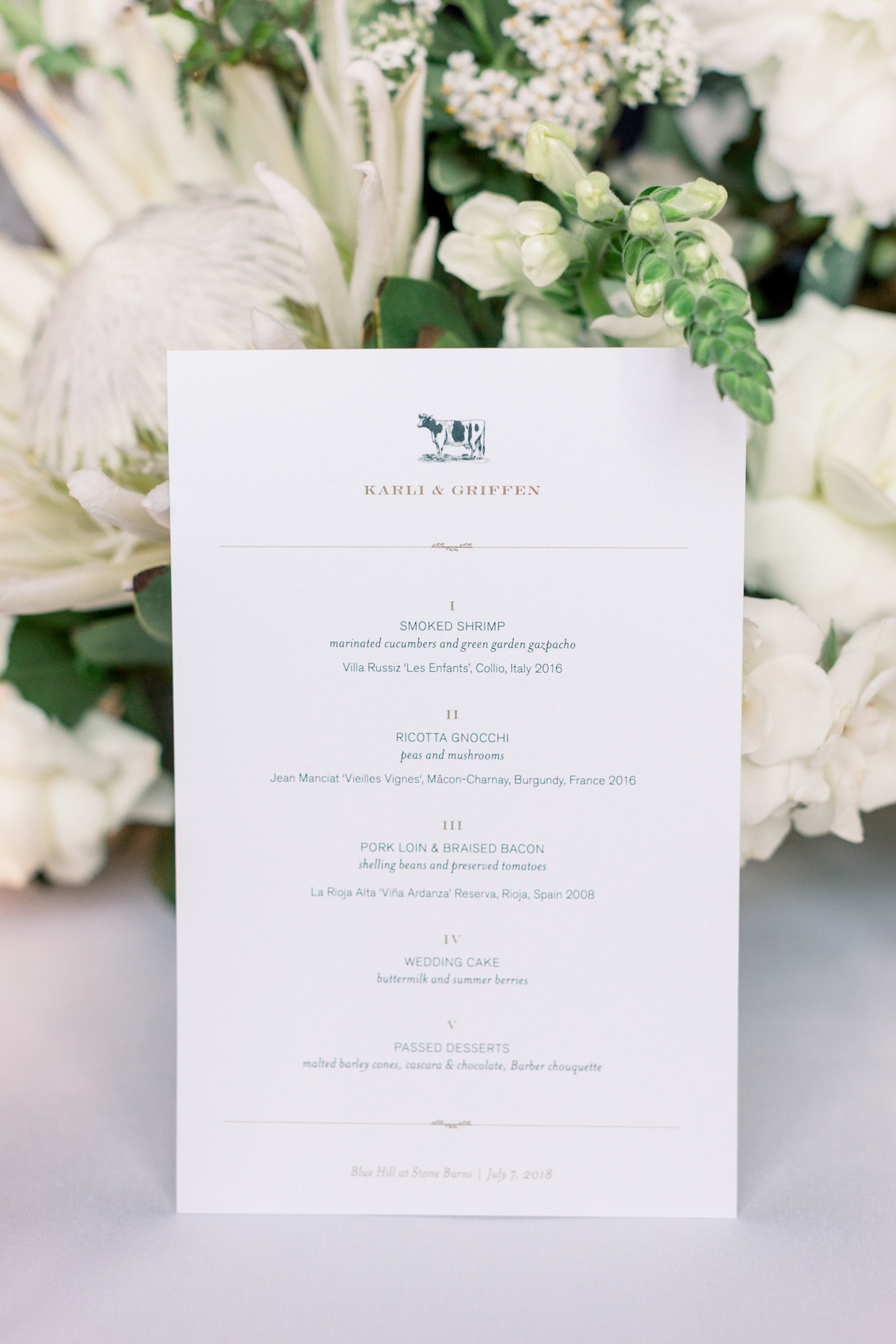 Blue Hill at Stone Barns wedding menu with cow motif