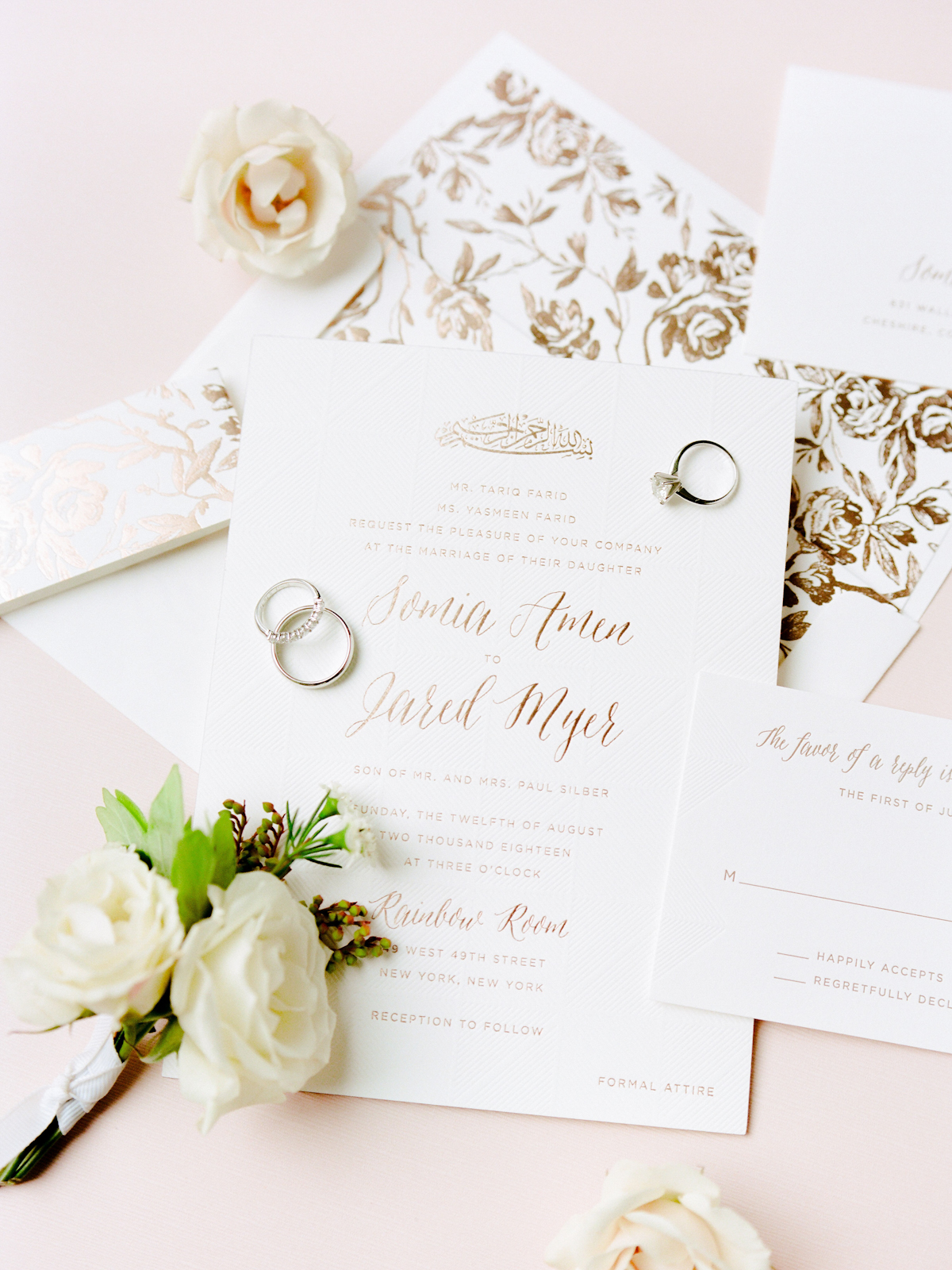 Invitation suite with floral envelope liner for Rainbow Room wedding