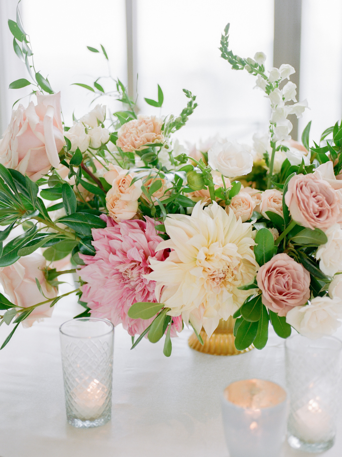 Dahlia and rose centerpiece at Rainbow Room wedding