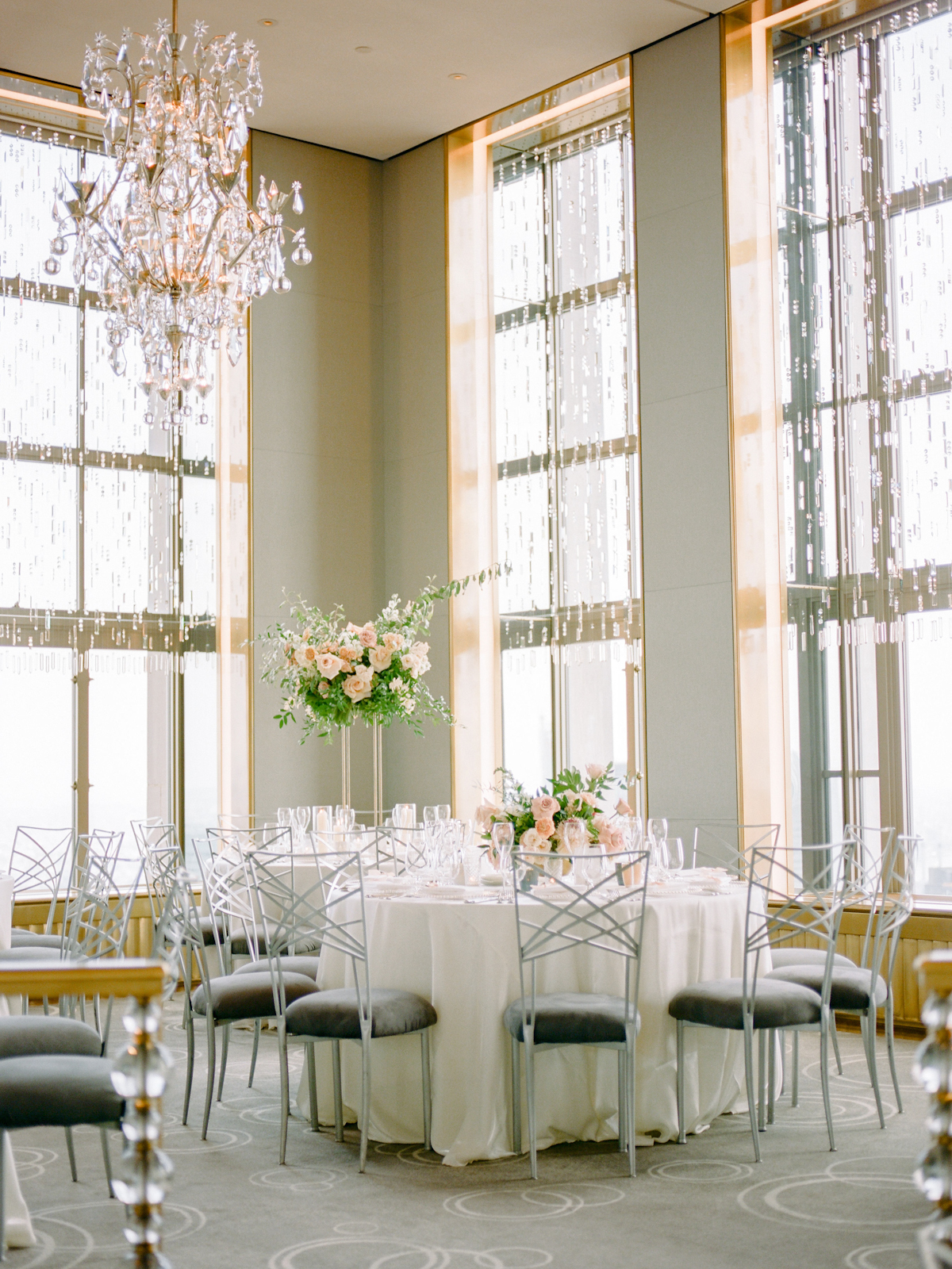 Rainbow Room wedding chandelier and flowers