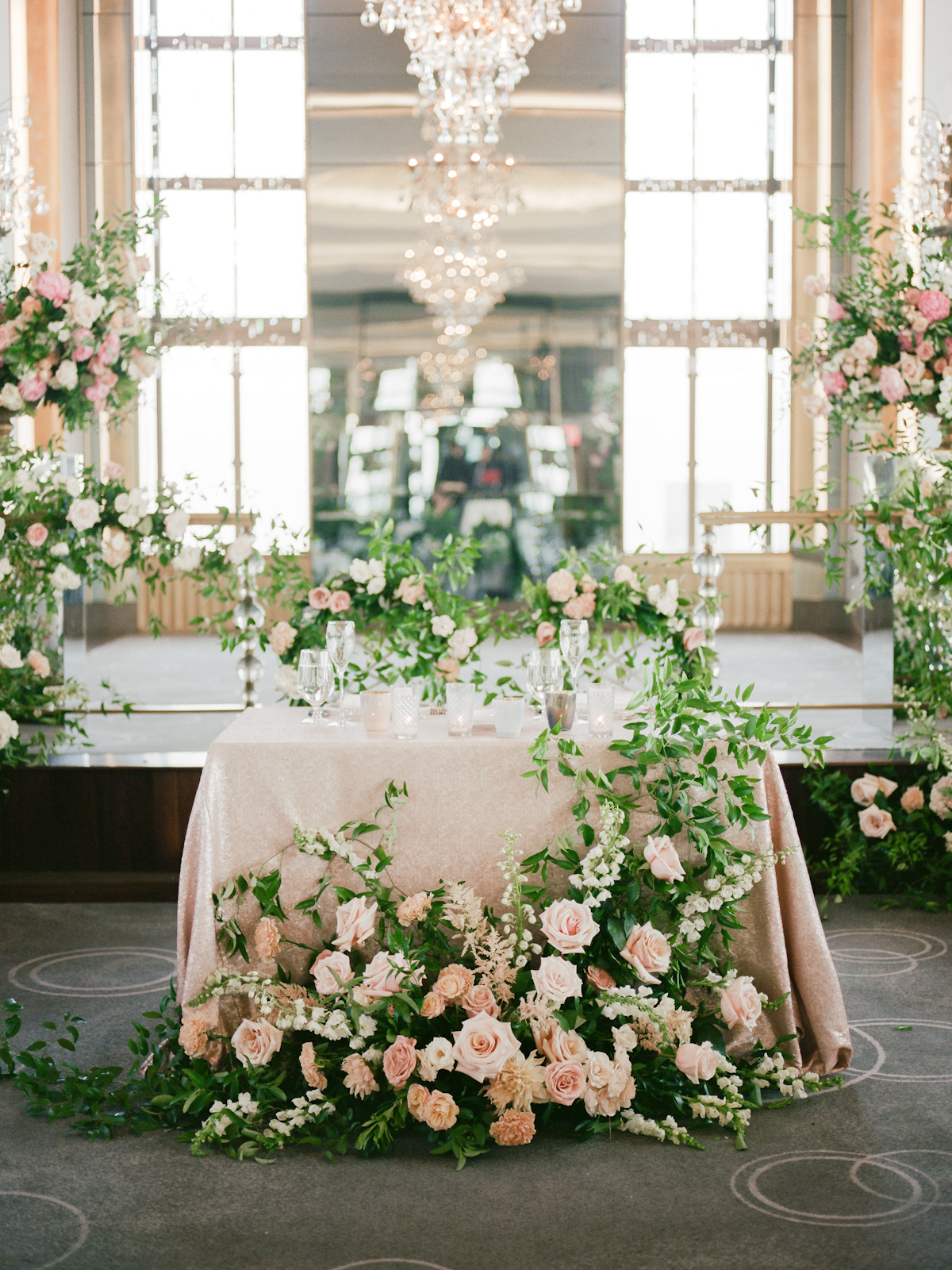 Sweetheart table flowers at Rainbow Room wedding