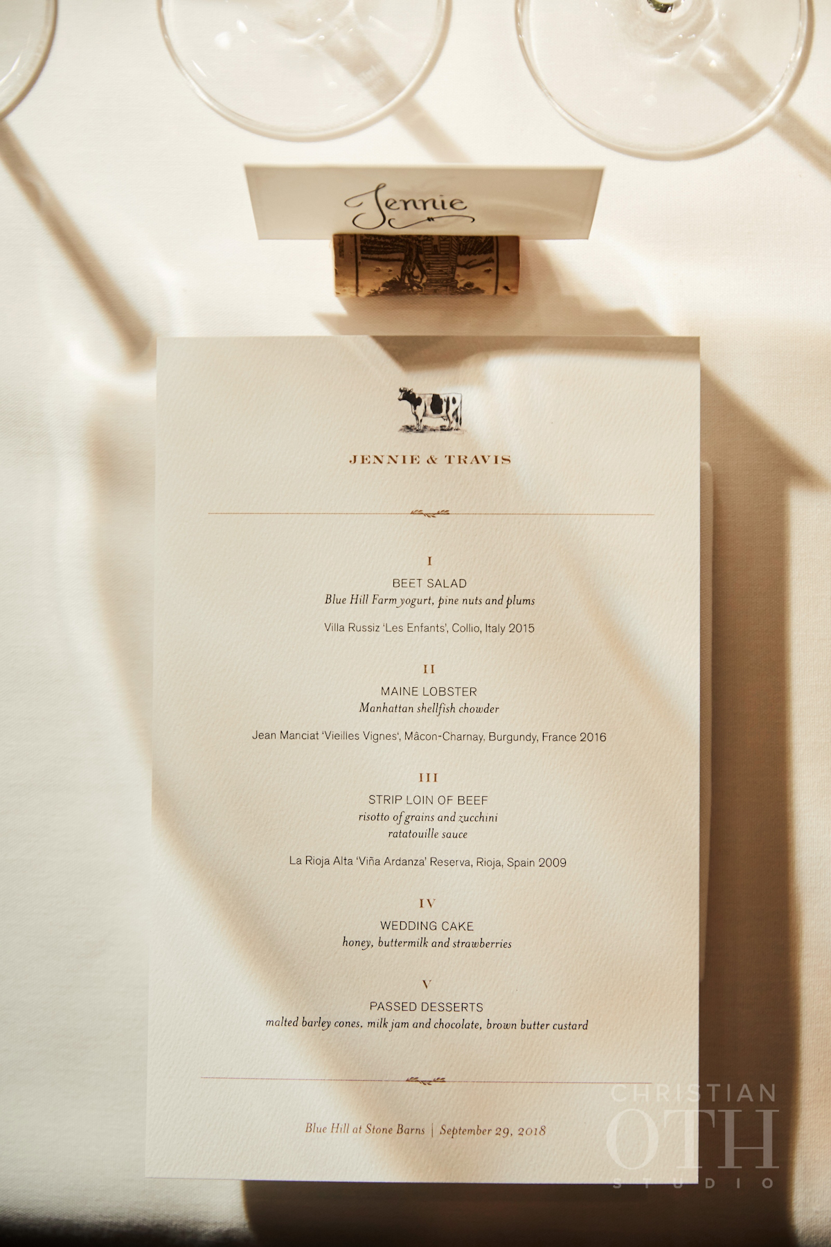 Blue Hill at Stone Barns wedding printed menu and place card
