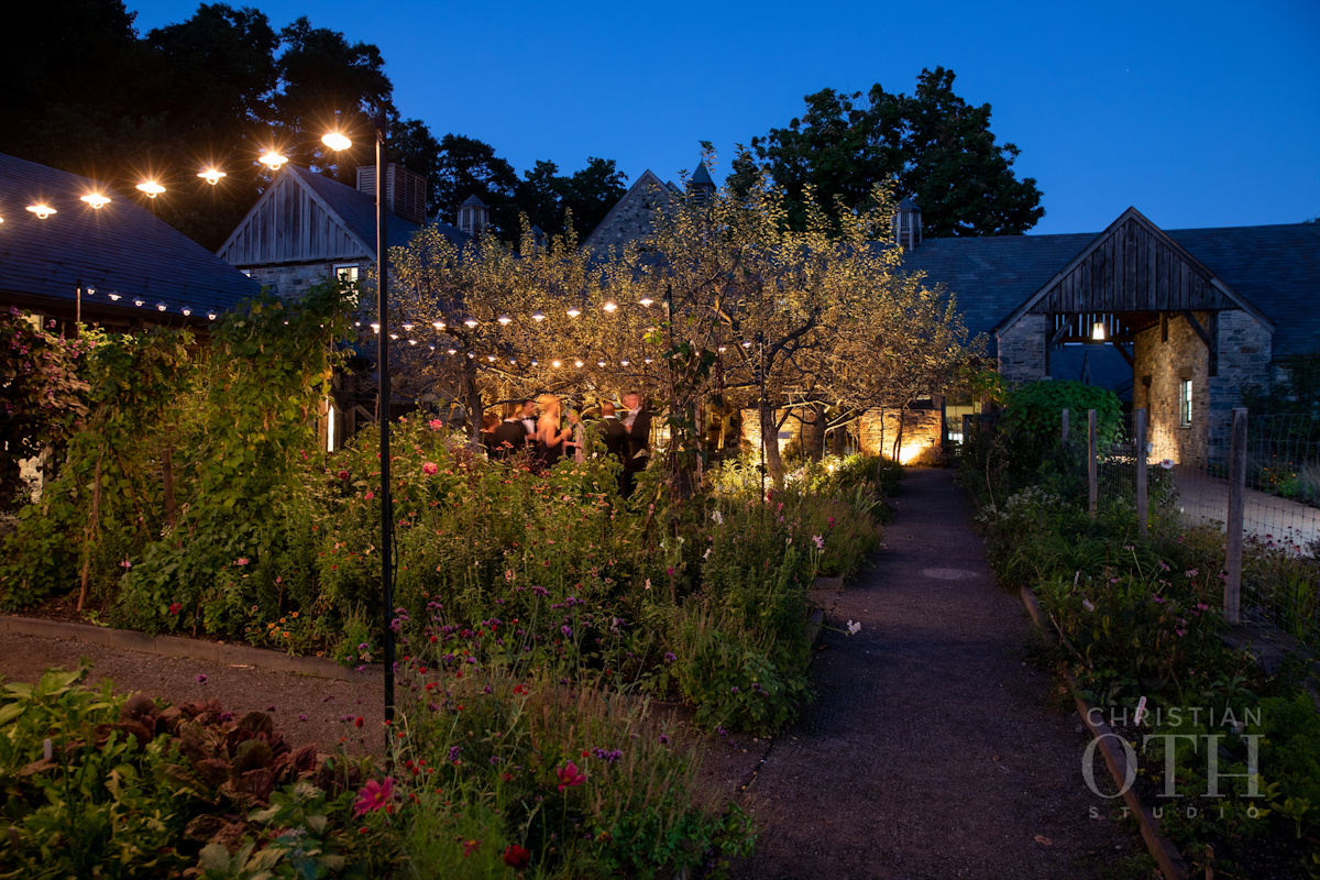 Cocktail reception in the dooryard garden at Blue Hill wedding