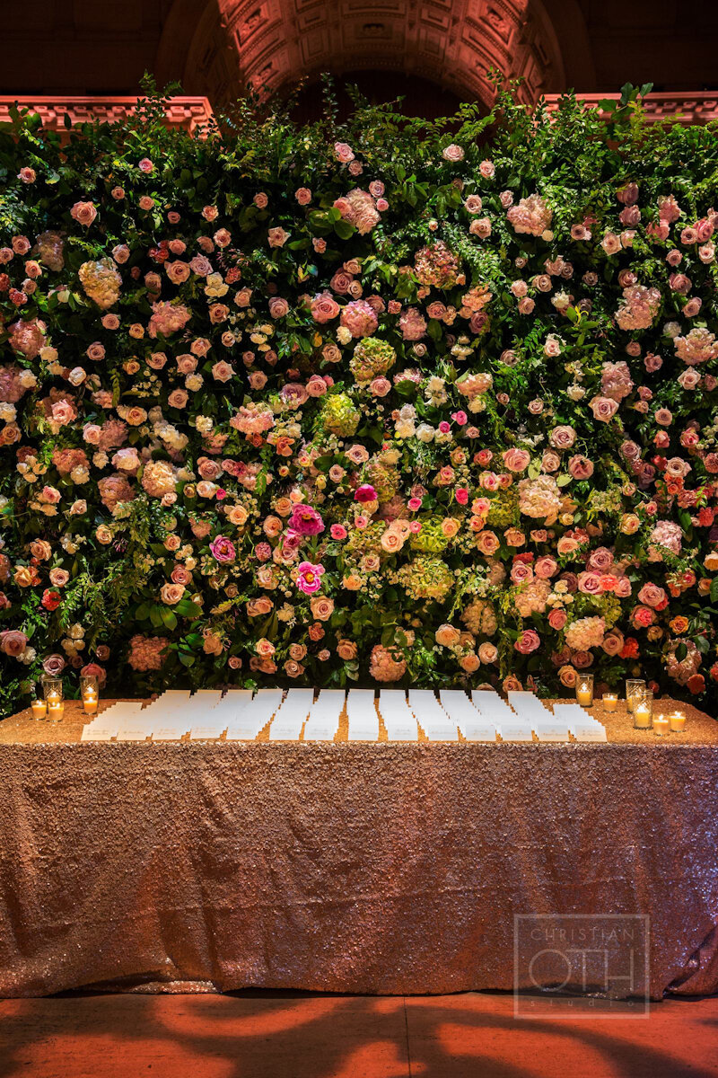 Cipriani Wall Street Wedding flower wall and escort table