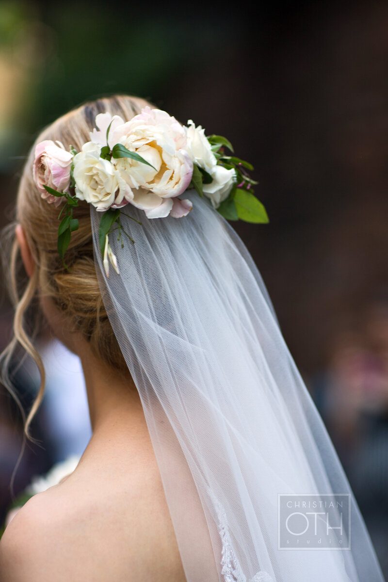 Cipriani Wall Street Wedding flowers in hair and veil