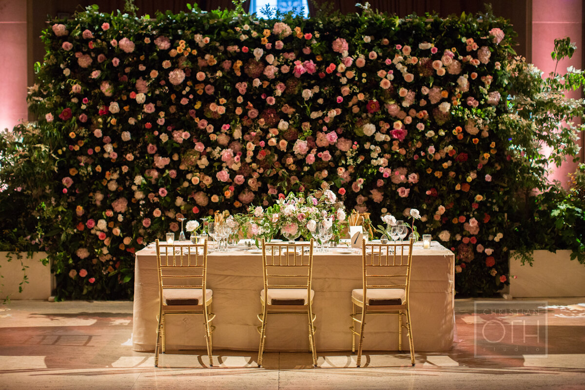 Cipriani Wall Street Wedding flower wall and head table