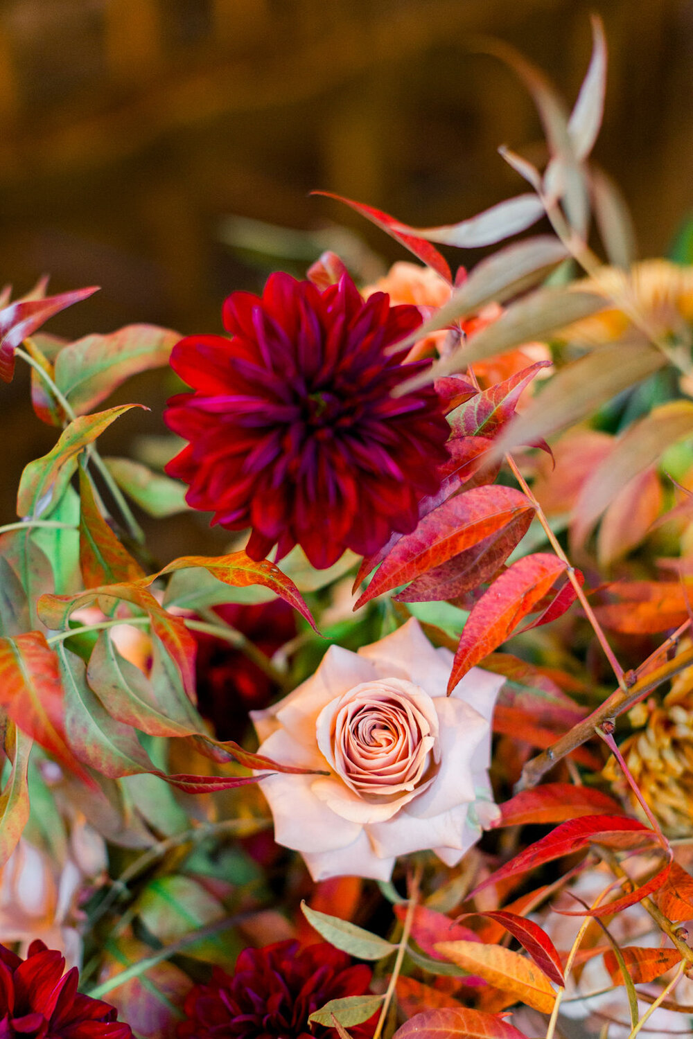 Blue Hill at Stone Barns wedding ceremony burgundy dahlia and blush rose