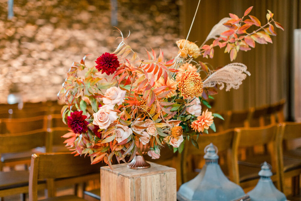 Blue Hill at Stone Barns wedding ceremony fall flowers