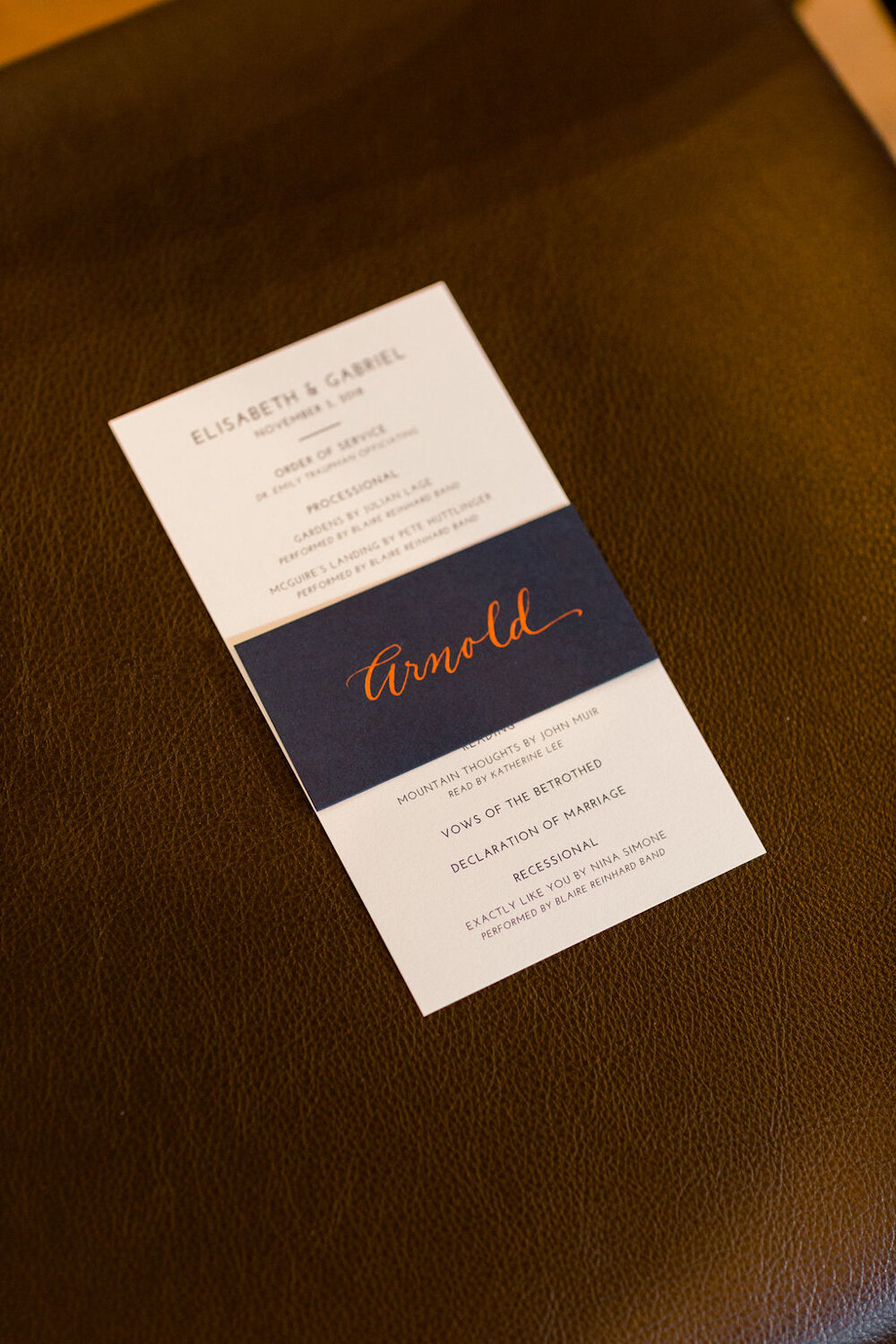 Blue Hill at Stone Barns wedding ceremony program and calligraphed seating card