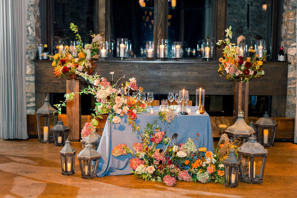 Blue Hill at Stone Barns Wedding blue linen and fall flowers