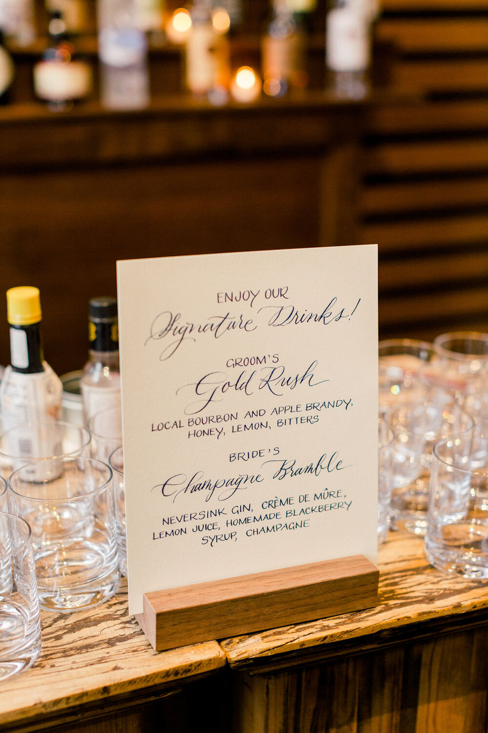 Blue Hill at Stone Barns wedding signature cocktail sign with calligraphy