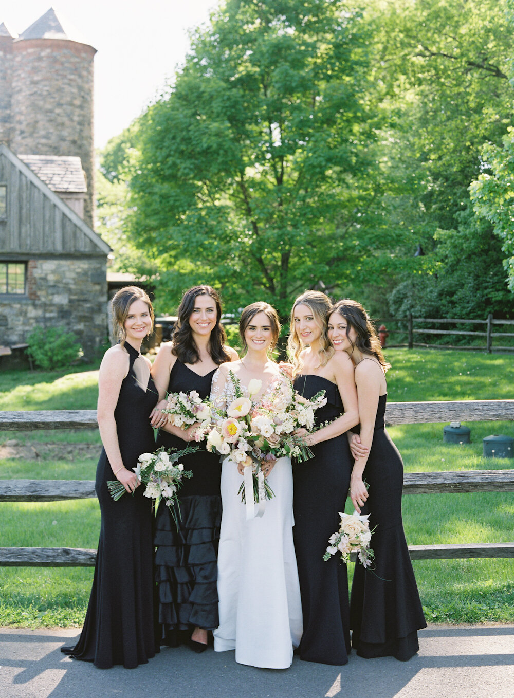 Blue Hill at Stone Barns Wedding bride and bridesmaids in black dresses