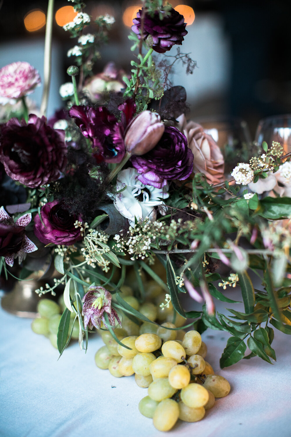 Blue Hill at Stone Barns wedding flowers ranunculus, grapes, tulips