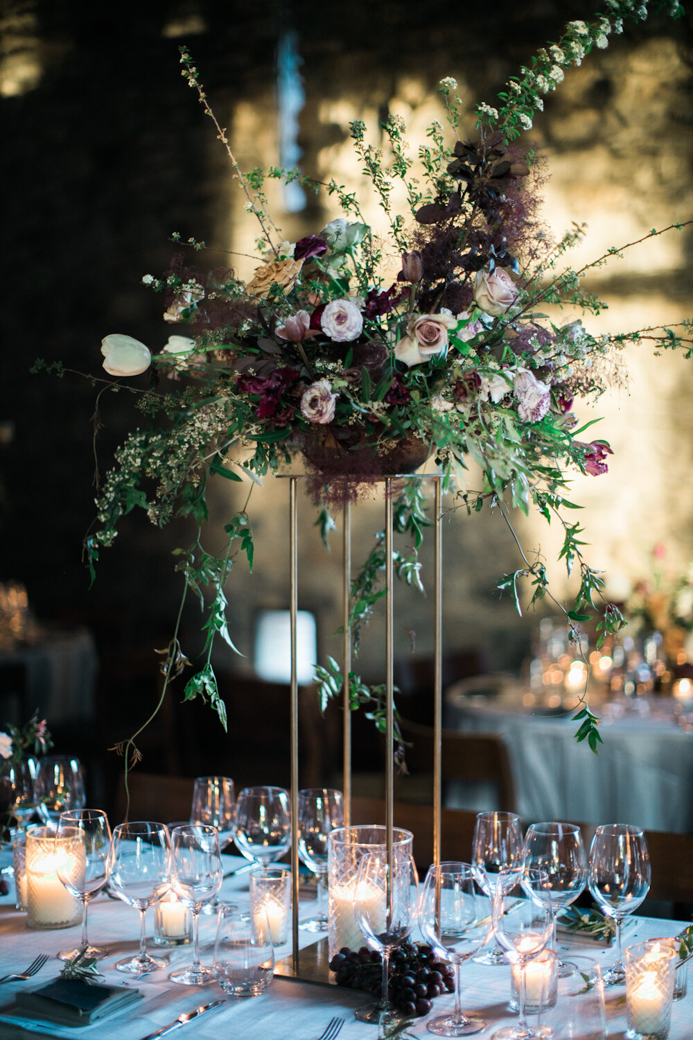 Blue Hill at Stone Barns wedding tall floral centerpiece