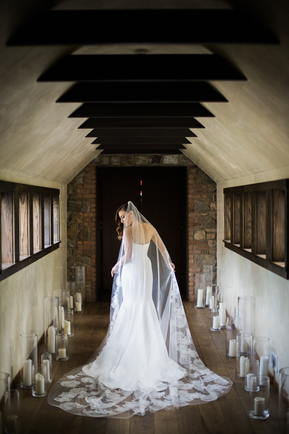 Blue Hill at Stone Barns wedding bride in vera wang gown and veil